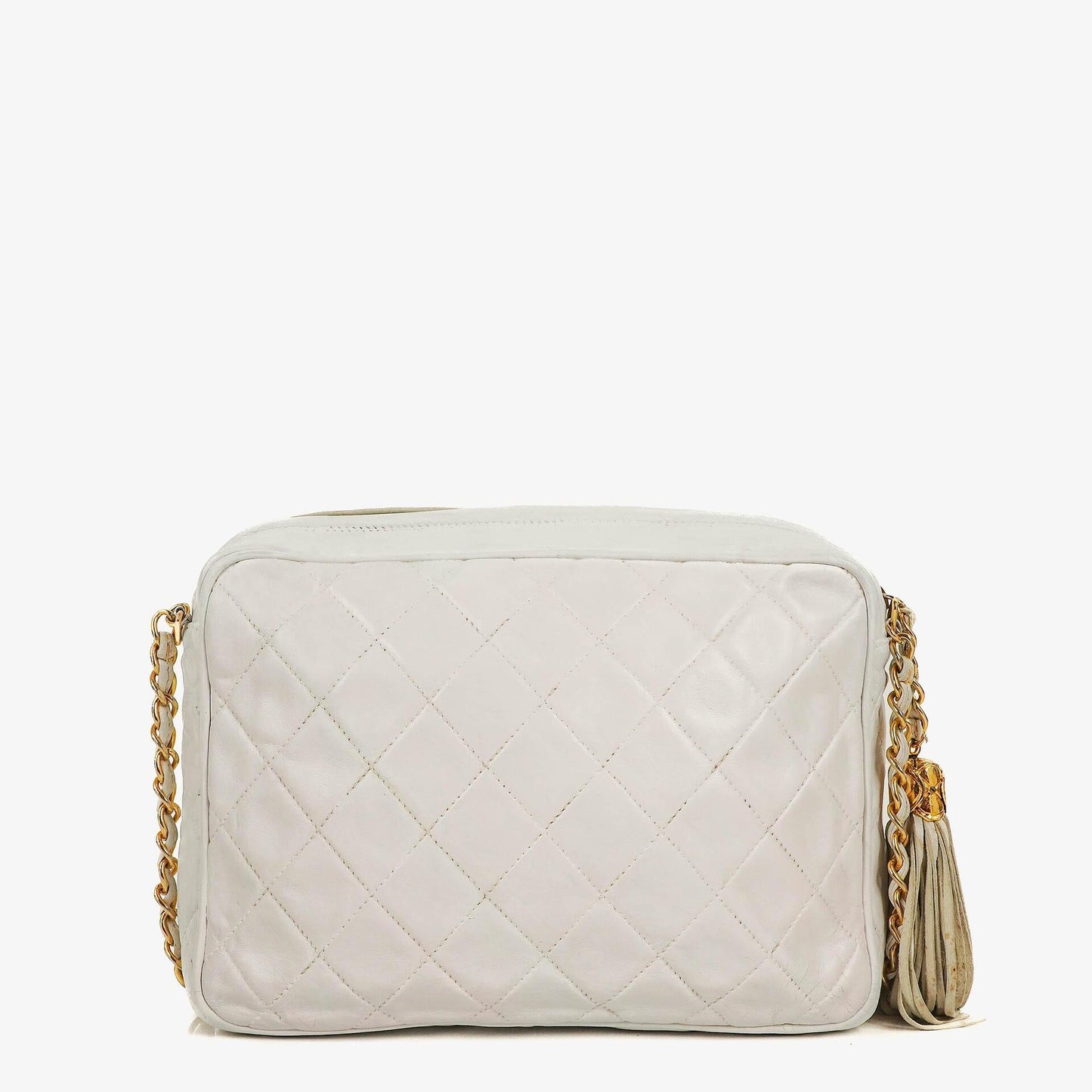 Chanel Camera Tassel CC White Quilted Lambskin Bag