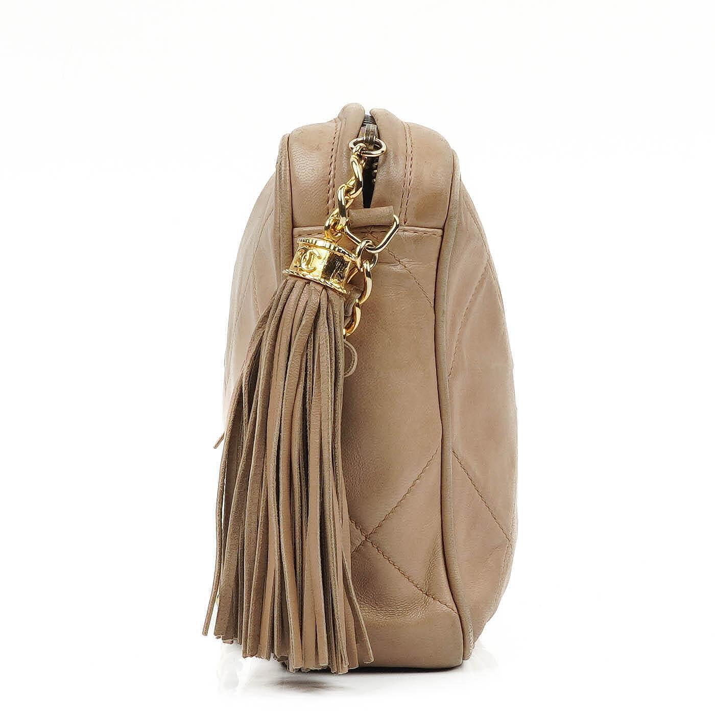 Chanel Camera Tassel In Beige Quilted Lambskin