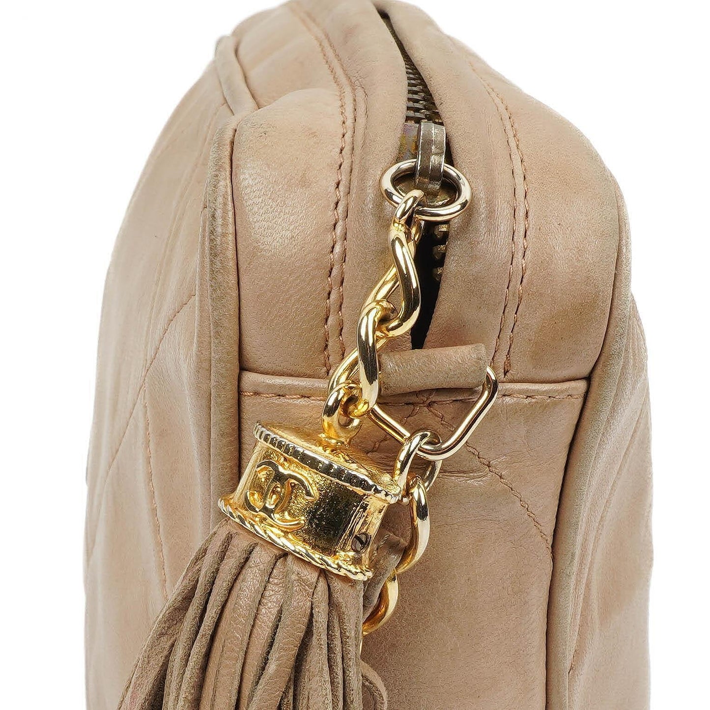 Chanel Camera Tassel In Beige Quilted Lambskin