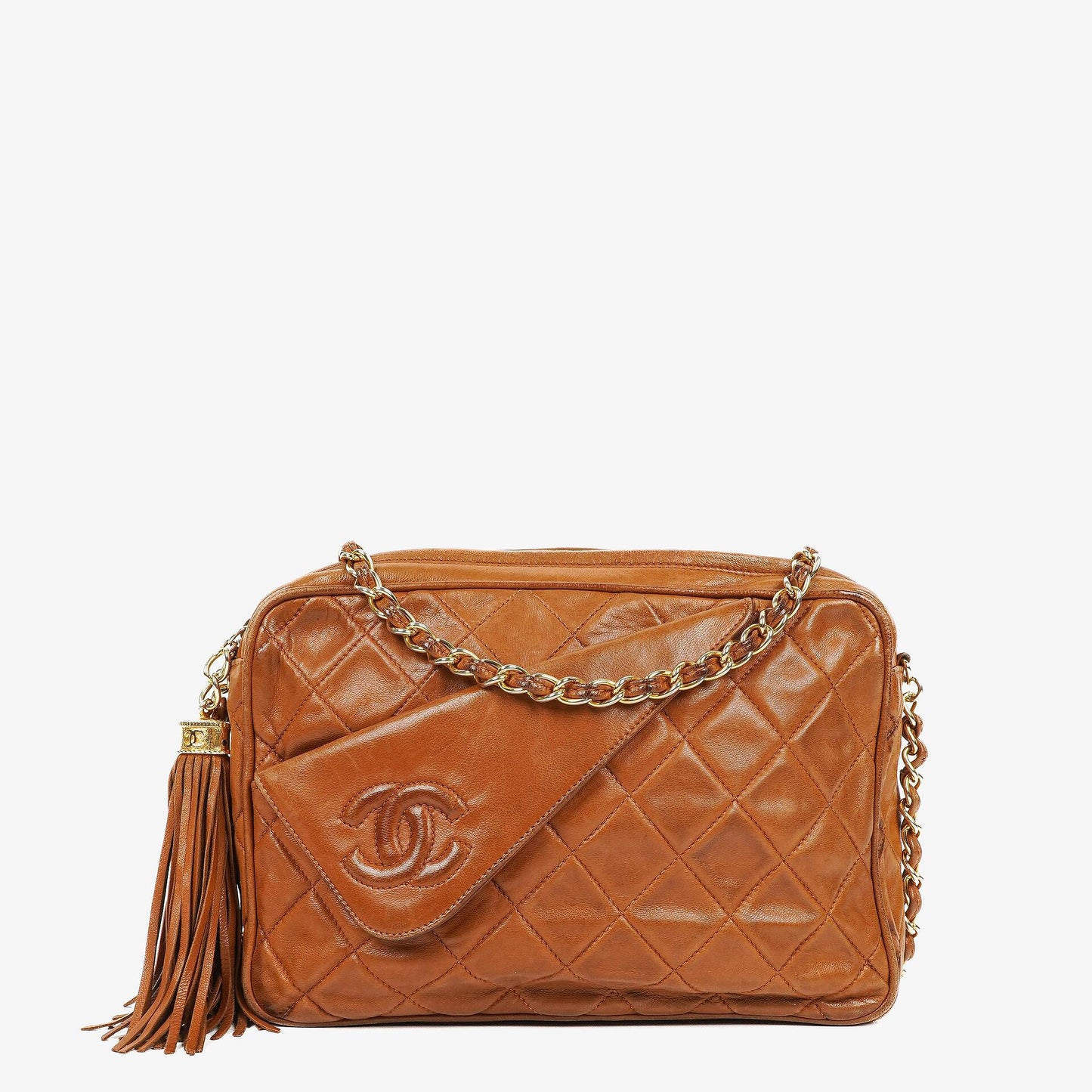 Chanel Camera Tassel Small Brown Quilted Lambskin CC Front Pocket