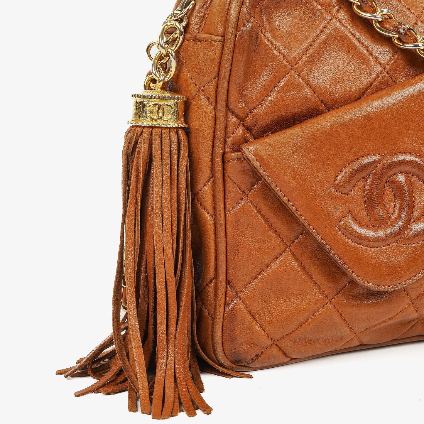 Chanel Camera Tassel Small Brown Quilted Lambskin CC Front Pocket