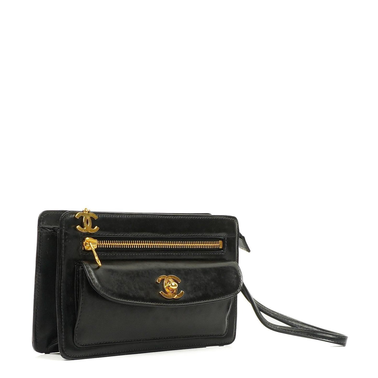 Chanel CC Black Leather Wristlet Bag 24K Gold-Plated Hardware, 1996-1997