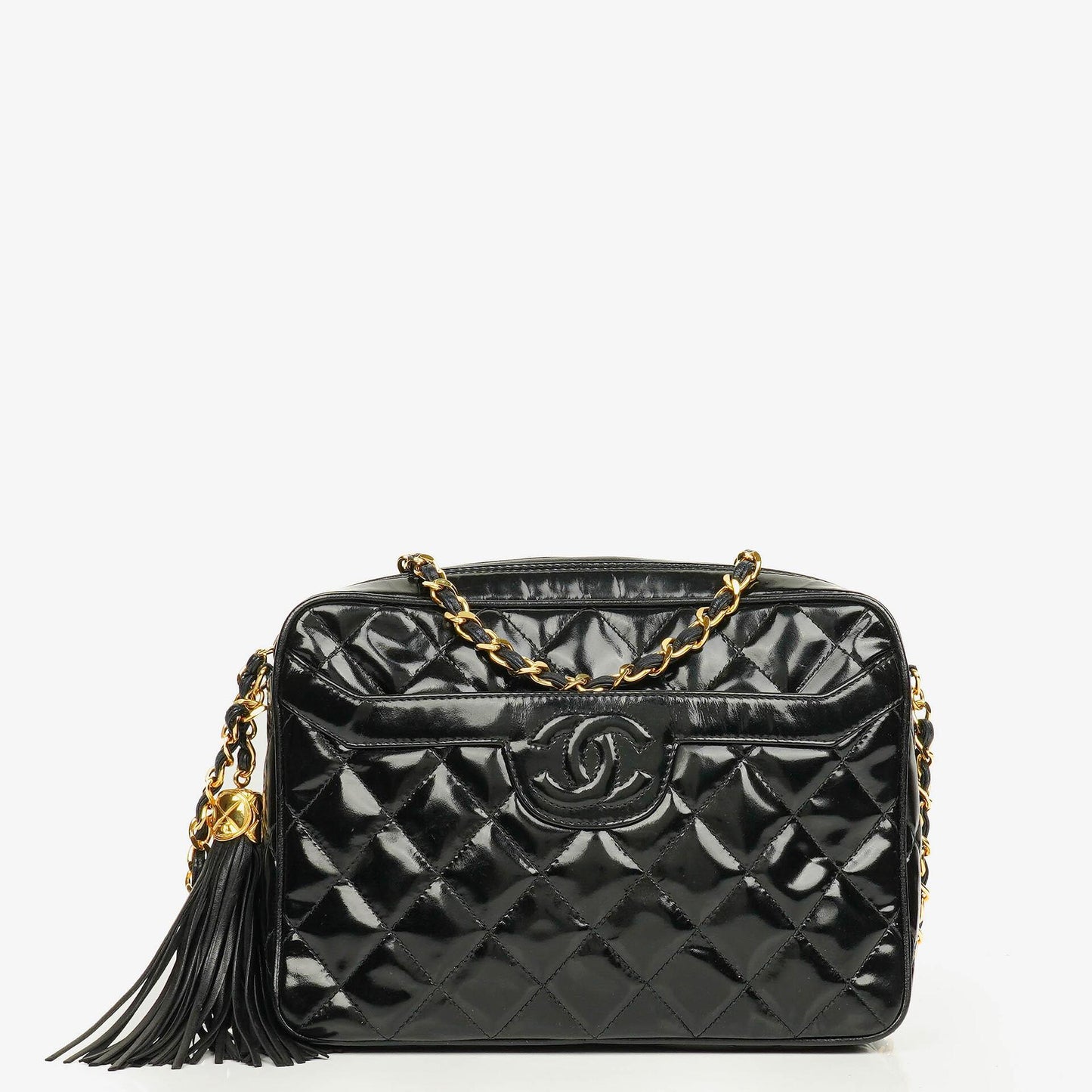 Chanel CC Black Quilted Patent Leather Camera Tassel Bag