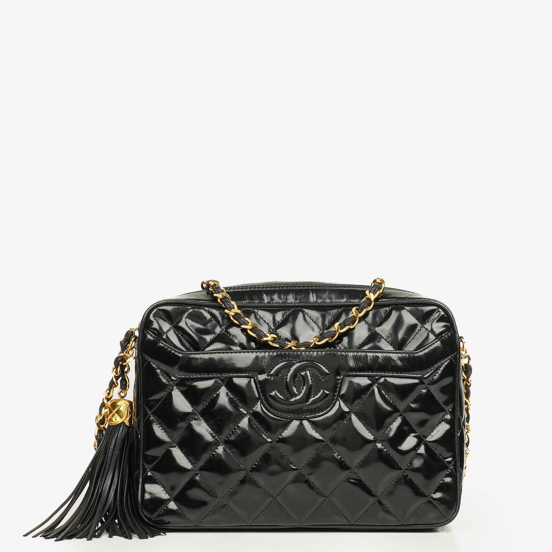 Chanel CC Black Quilted Patent Leather Camera Tassel Bag