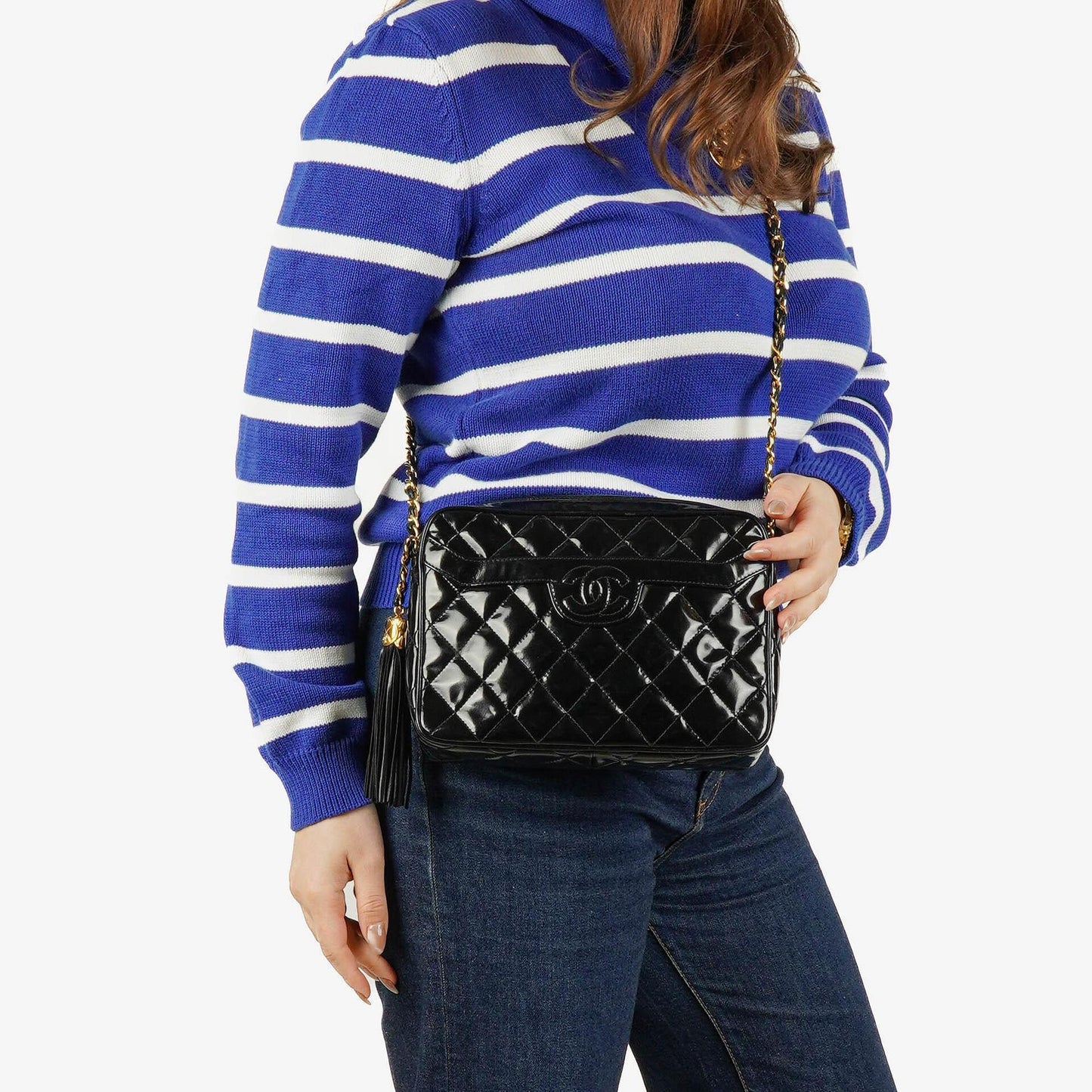 Chanel CC Black Quilted Patent Leather Camera Tassel Bag