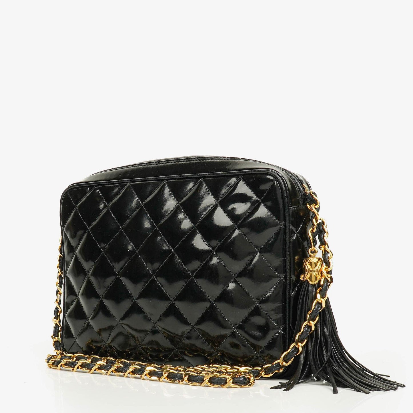 Chanel CC Black Quilted Patent Leather Camera Tassel Bag