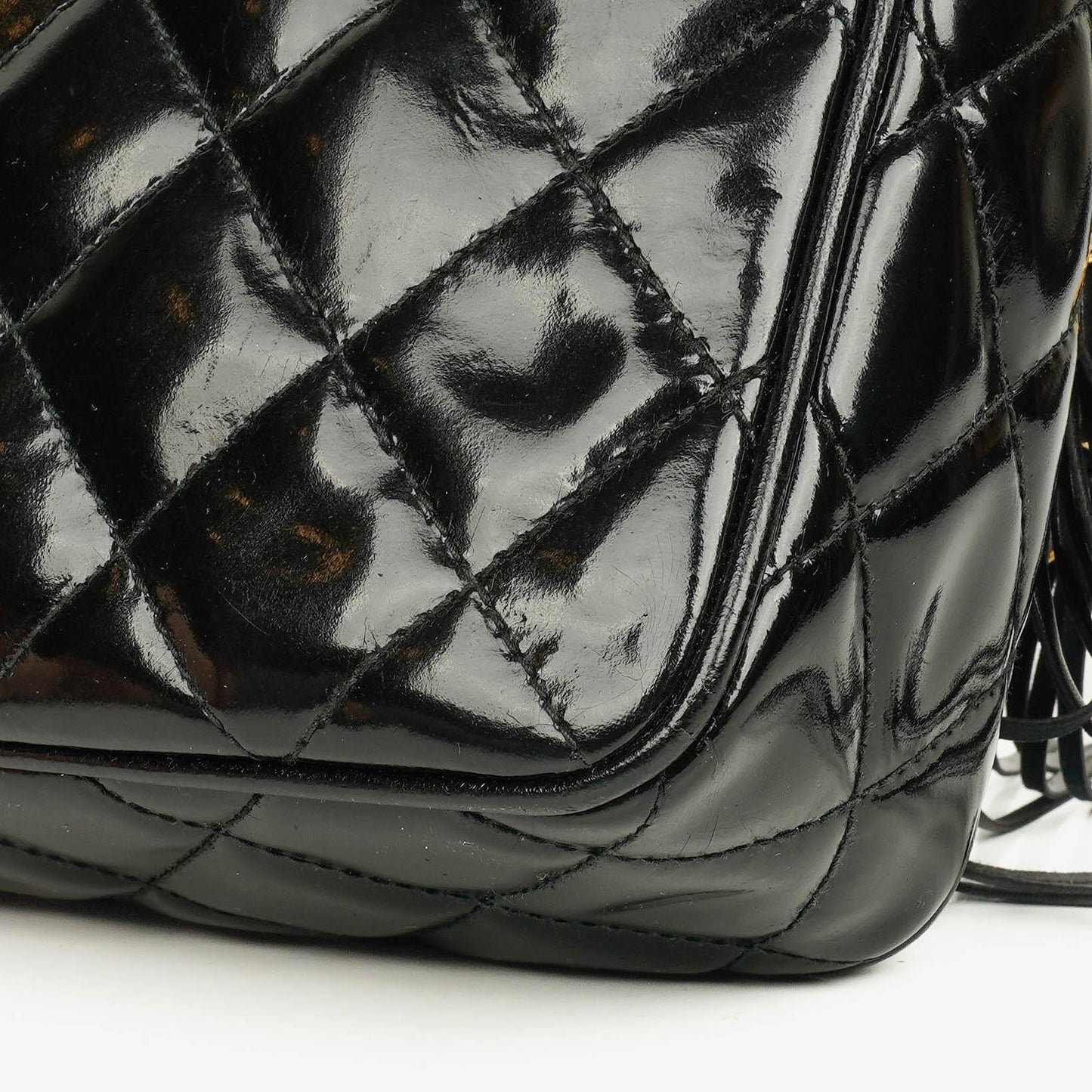 Chanel CC Black Quilted Patent Leather Camera Tassel Bag