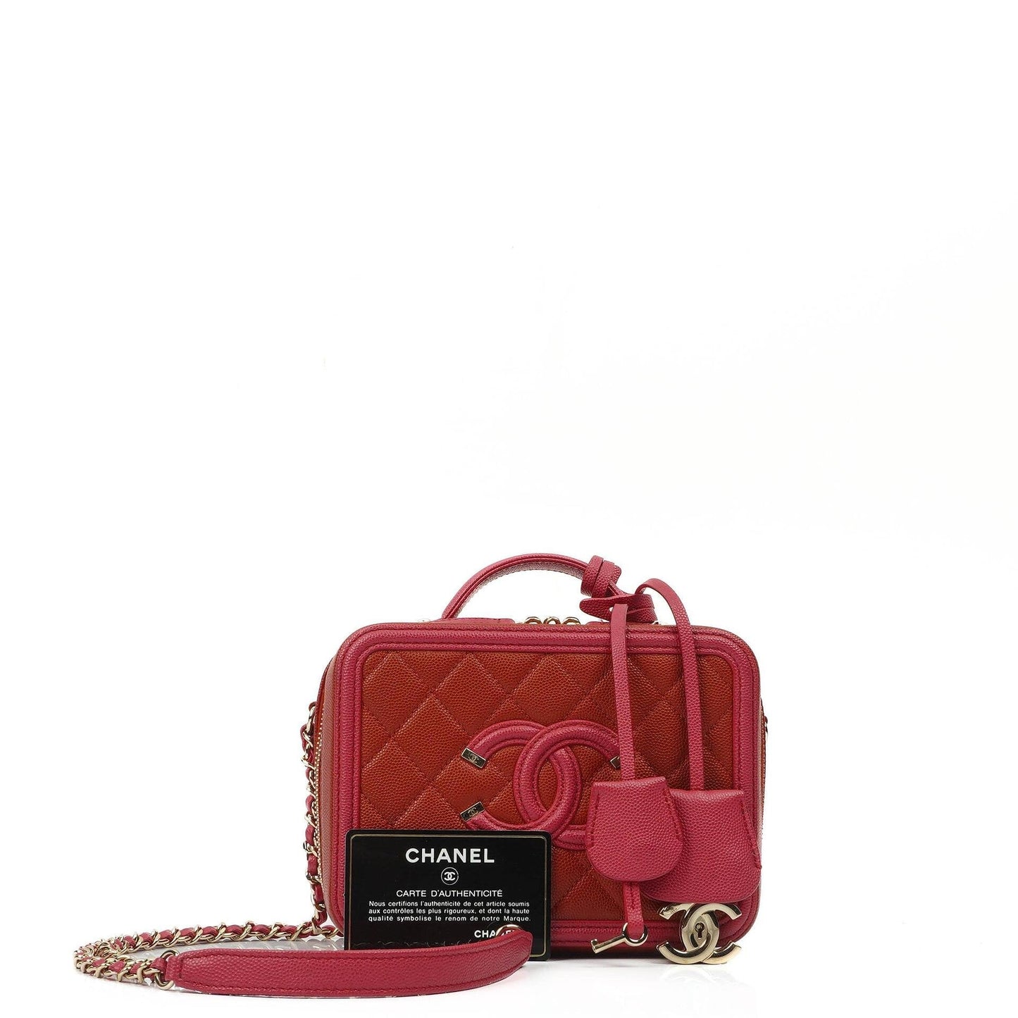 Chanel CC Filigree Small Vanity Case In Red And Pink Quilted Caviar Leather And Champagne Gold-Tone Hardware