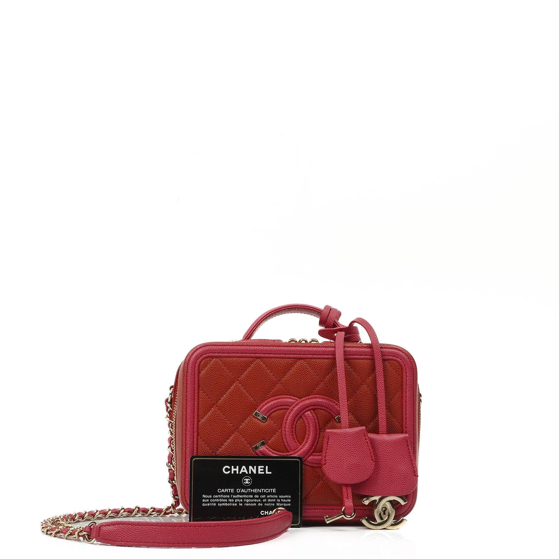 Chanel CC Filigree Small Vanity Case In Red And Pink Quilted Caviar Leather And Champagne Gold-Tone Hardware