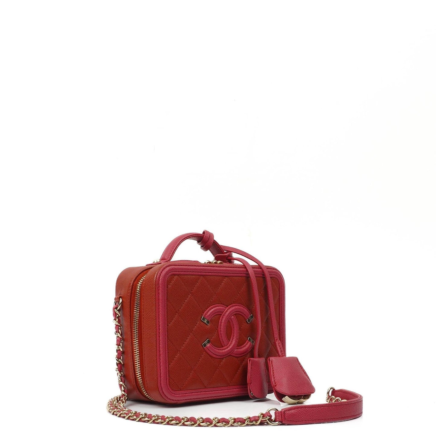 Chanel CC Filigree Small Vanity Case In Red And Pink Quilted Caviar Leather And Champagne Gold-Tone Hardware