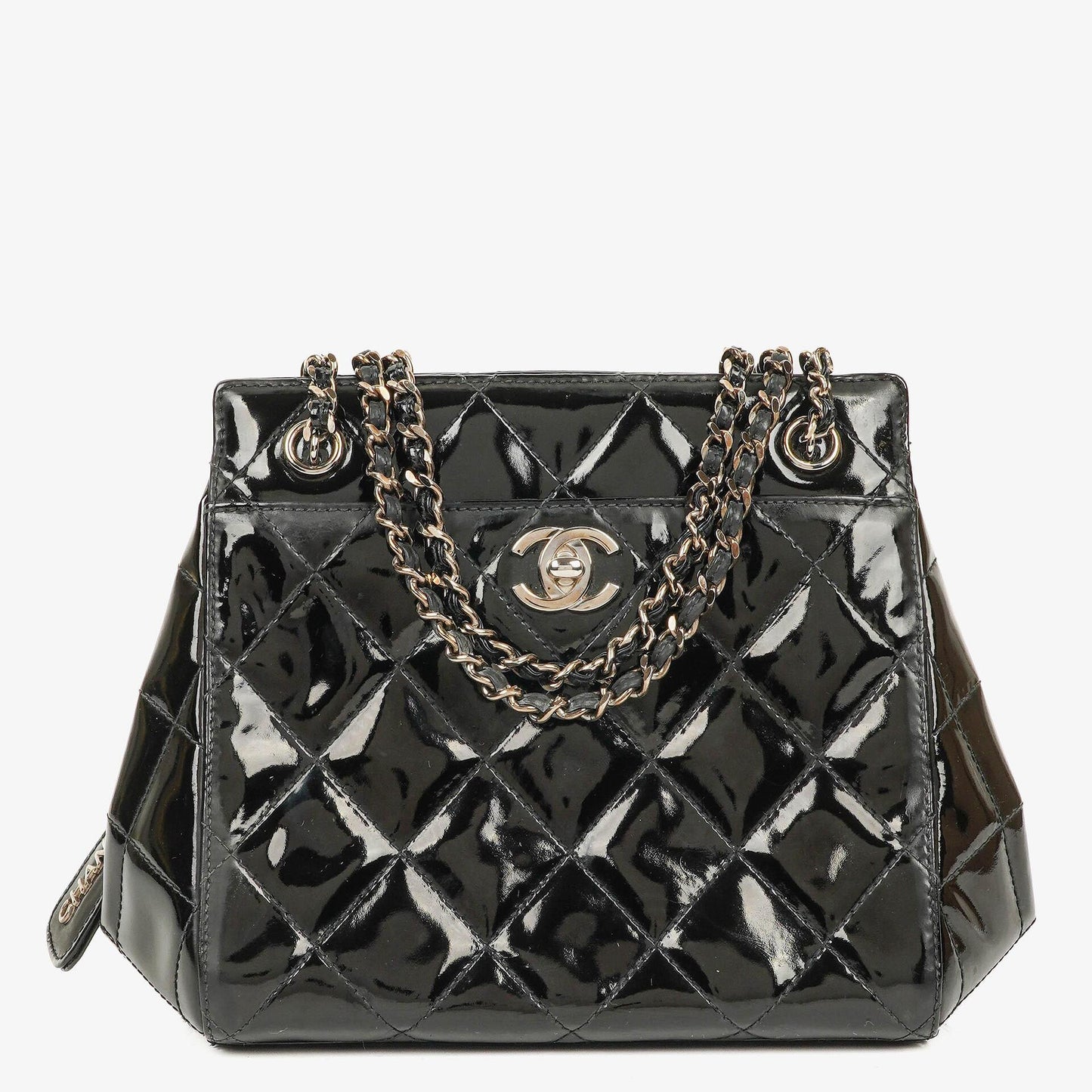 Chanel CC Front Pocket Black Quilted Patent Leather Small Tote Bag