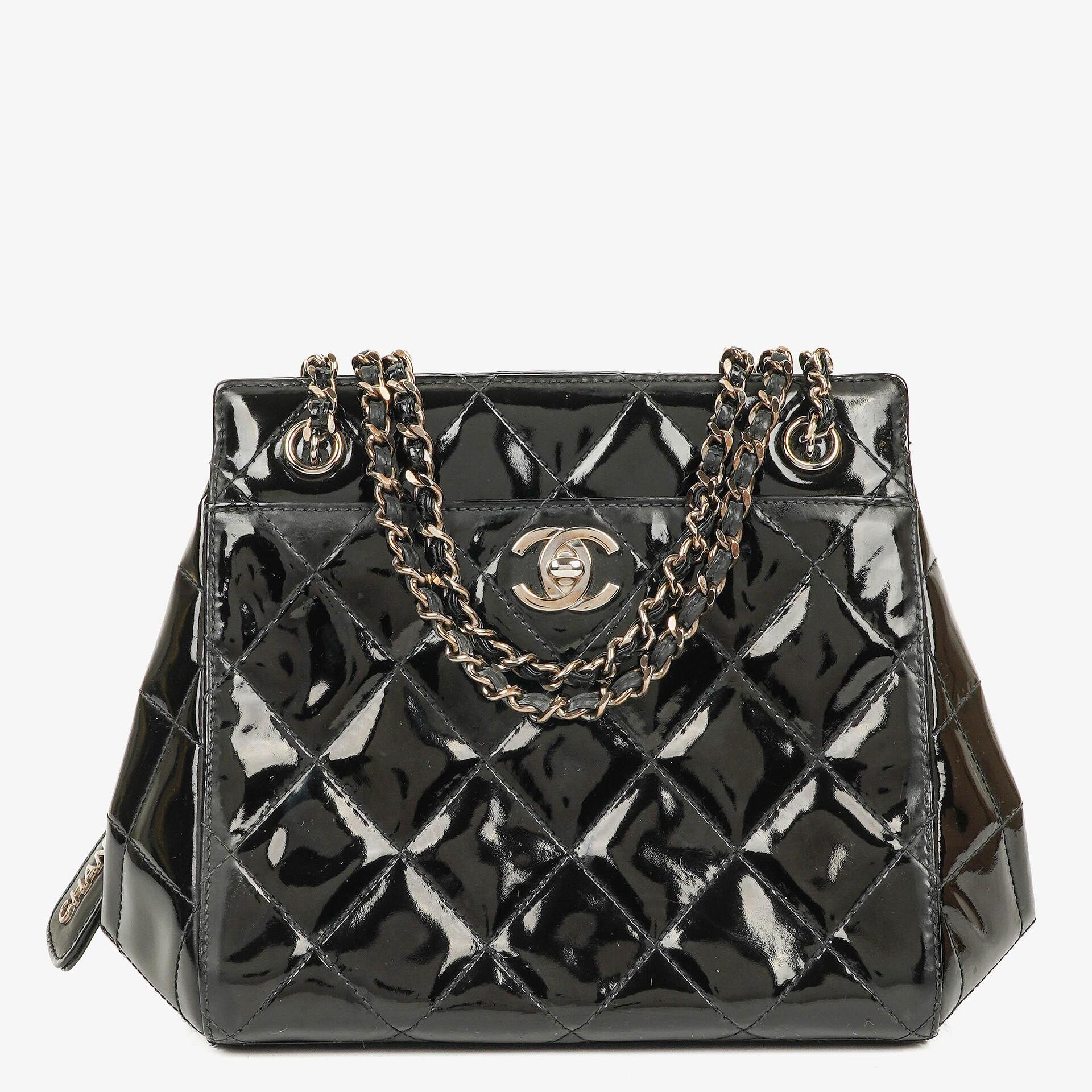 Chanel CC Front Pocket Black Quilted Patent Leather Small Tote Bag