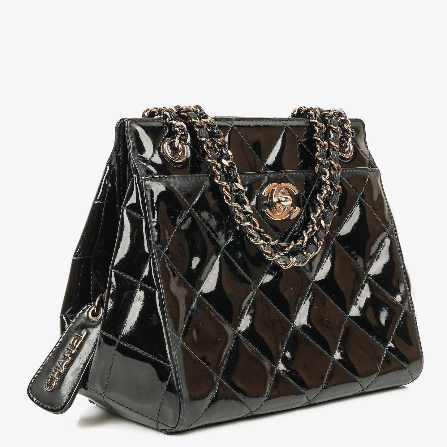 Chanel CC Front Pocket Black Quilted Patent Leather Small Tote Bag