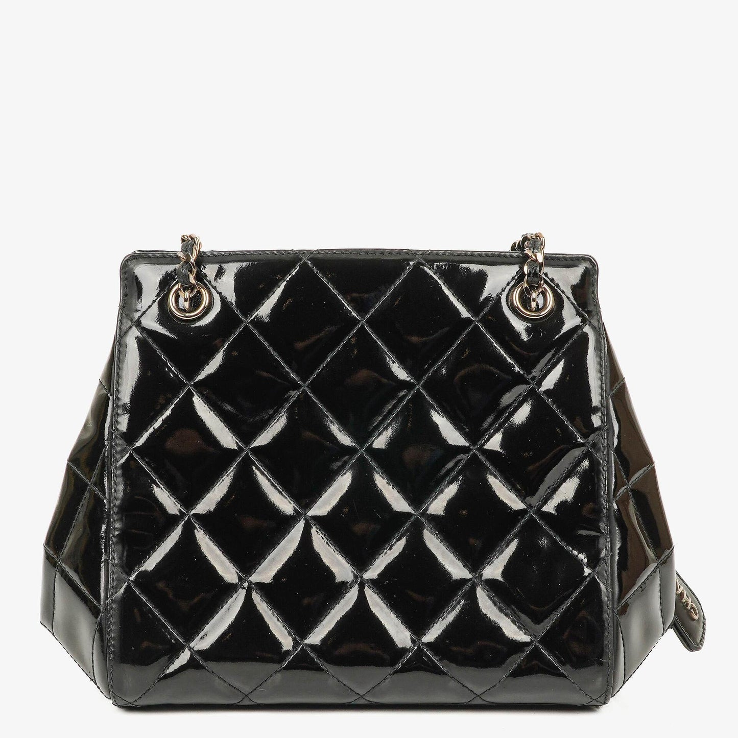 Chanel CC Front Pocket Black Quilted Patent Leather Small Tote Bag