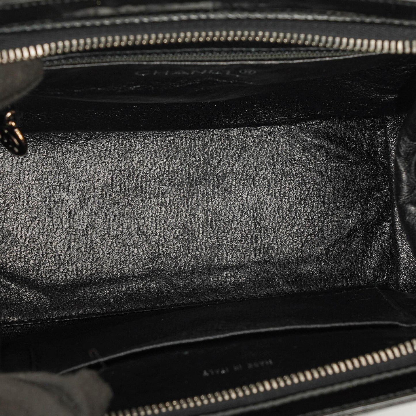 Chanel CC Front Pocket Black Quilted Patent Leather Small Tote Bag