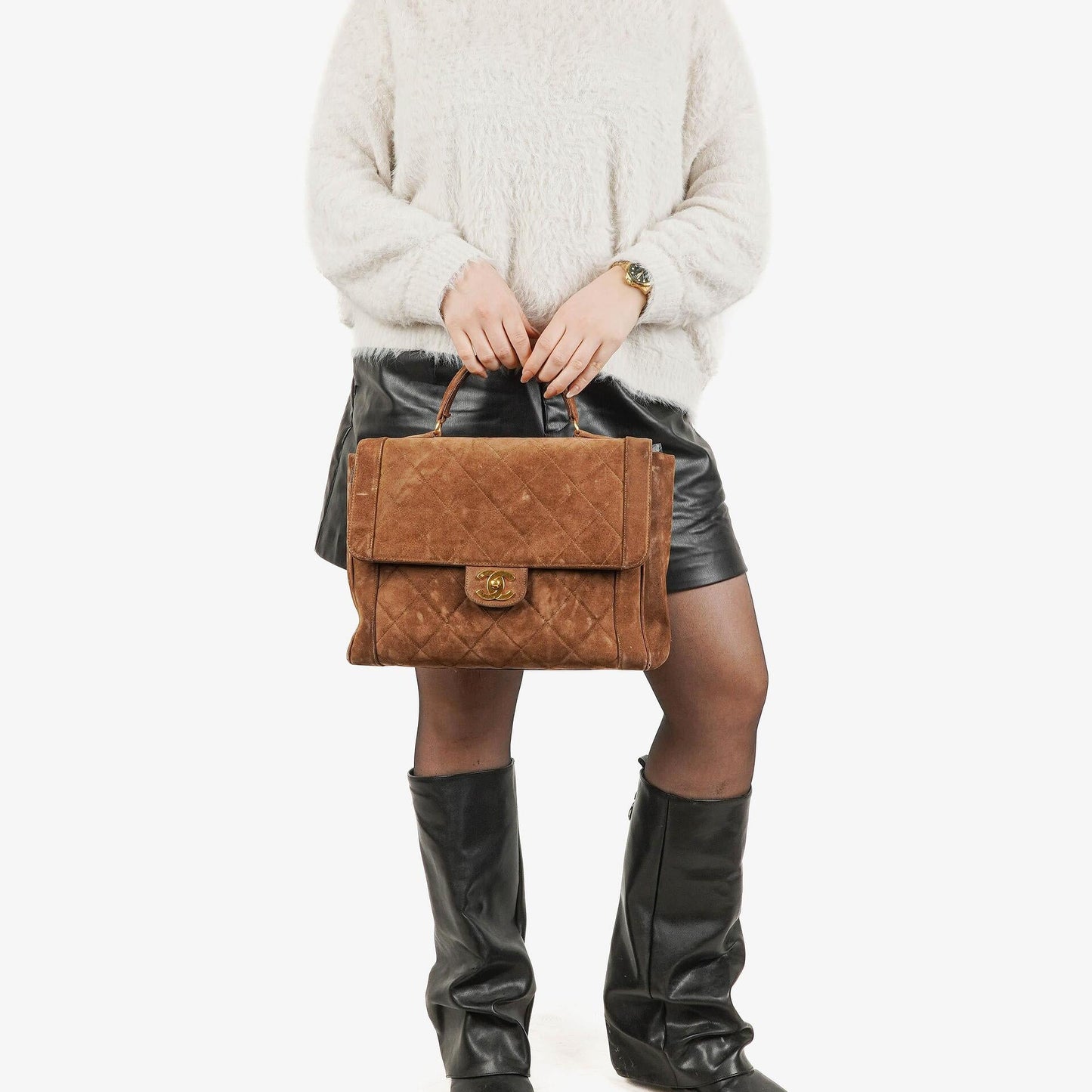Chanel CC Logo Brown Suede Top Handle