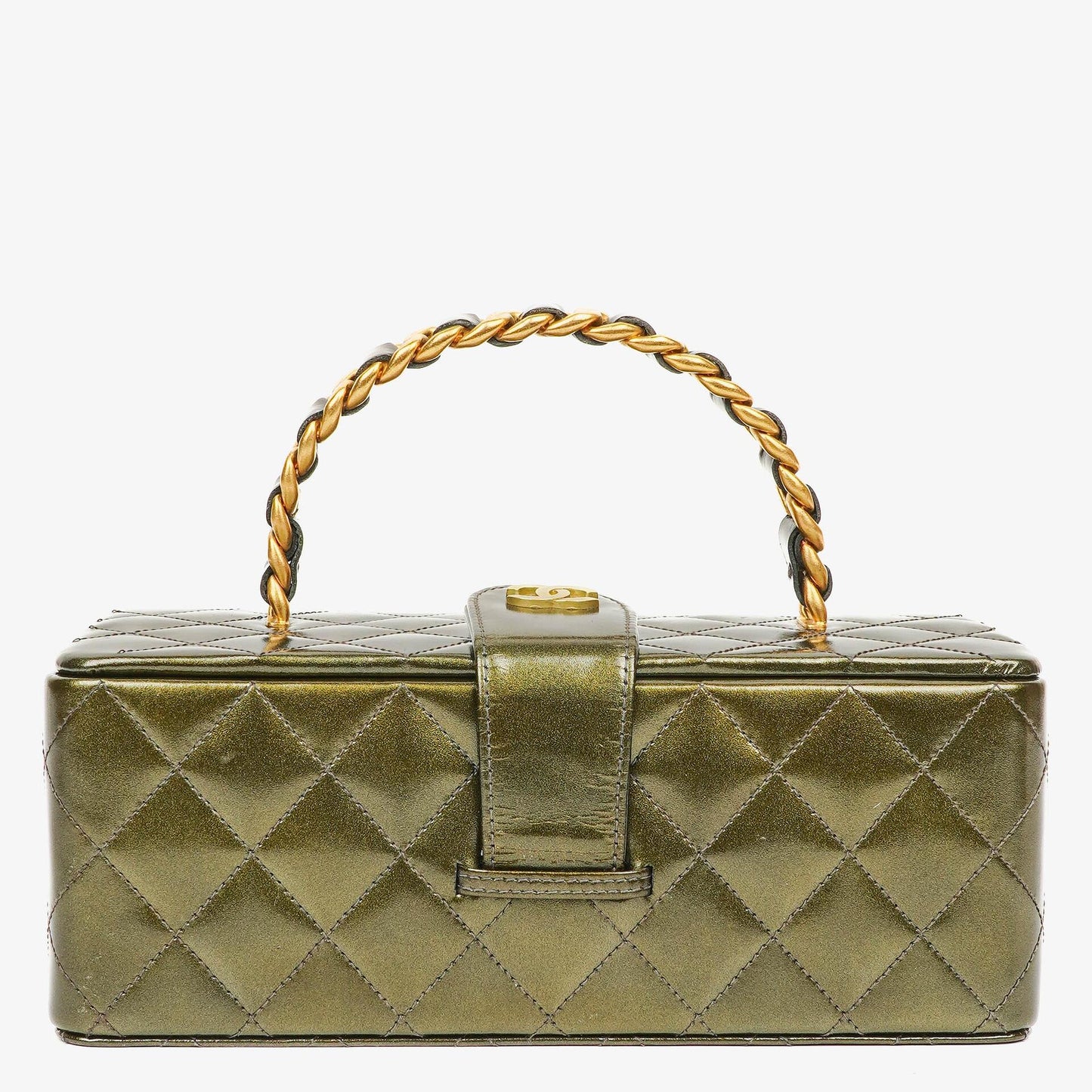 Chanel CC Vanity Case Olive Green Iridescent Quilted Patent Leather