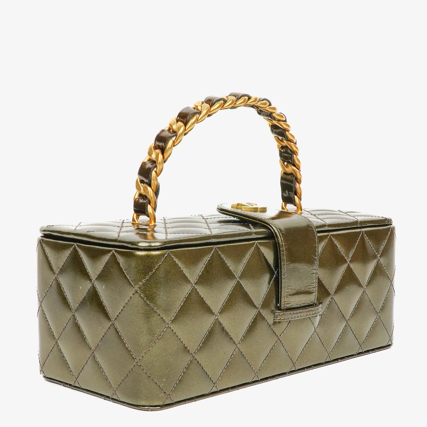 Chanel CC Vanity Case Olive Green Iridescent Quilted Patent Leather