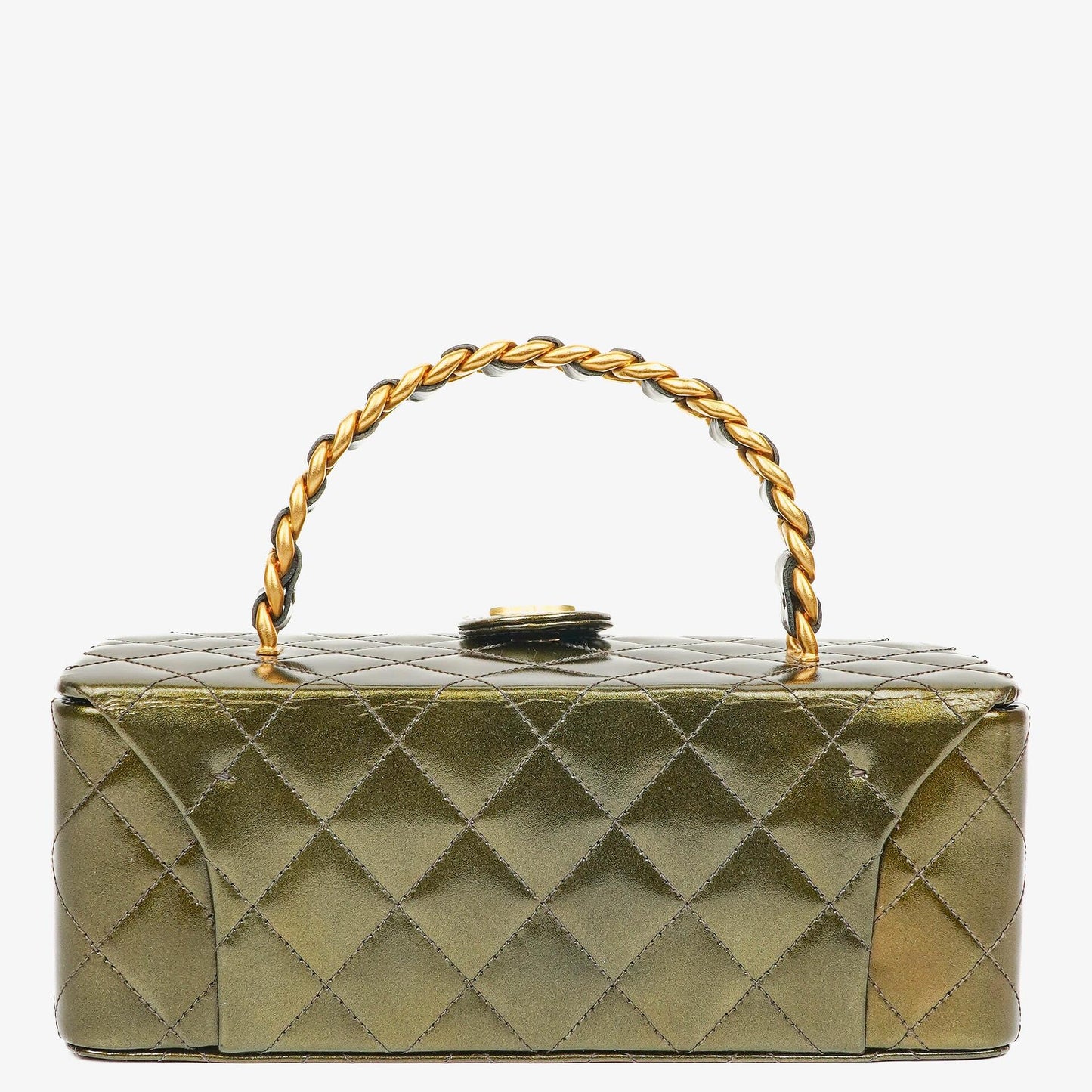 Chanel CC Vanity Case Olive Green Iridescent Quilted Patent Leather