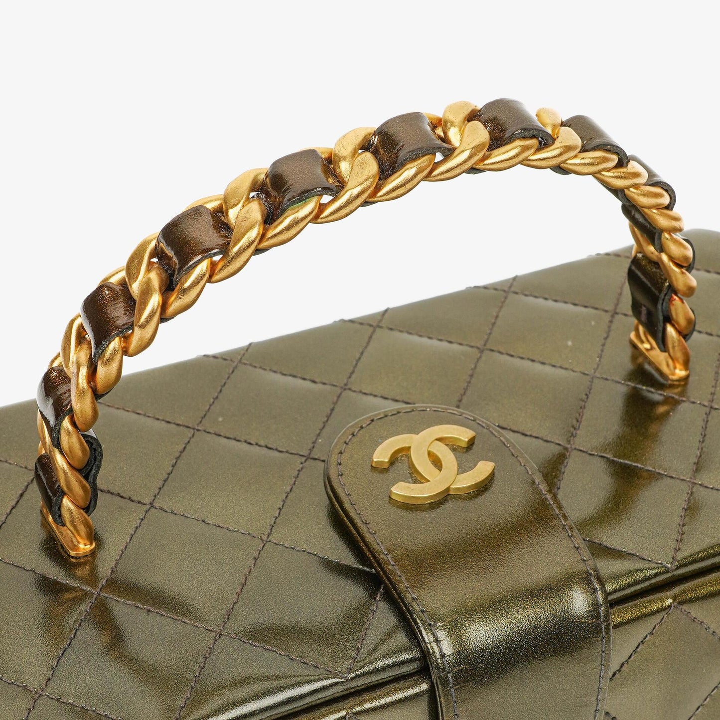 Chanel CC Vanity Case Olive Green Iridescent Quilted Patent Leather