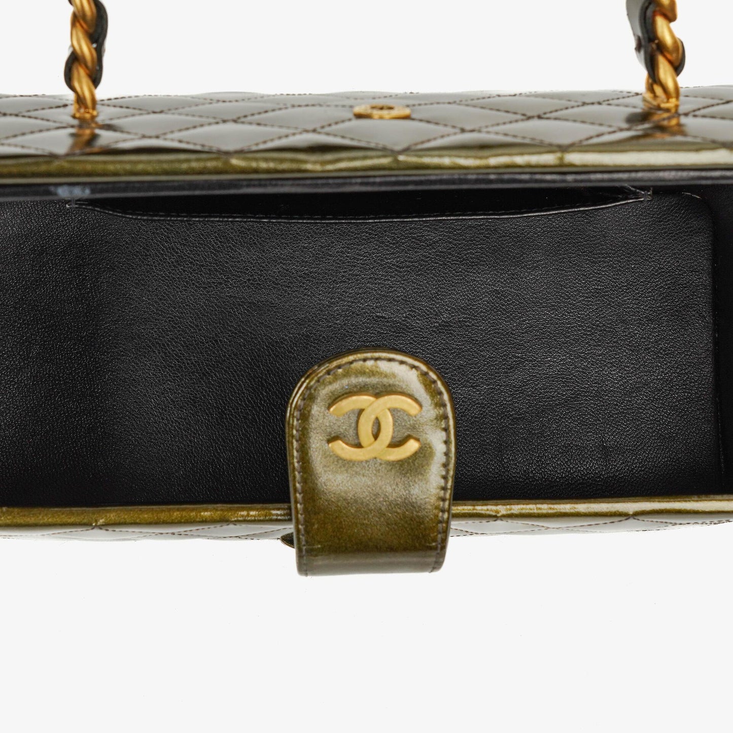 Chanel CC Vanity Case Olive Green Iridescent Quilted Patent Leather