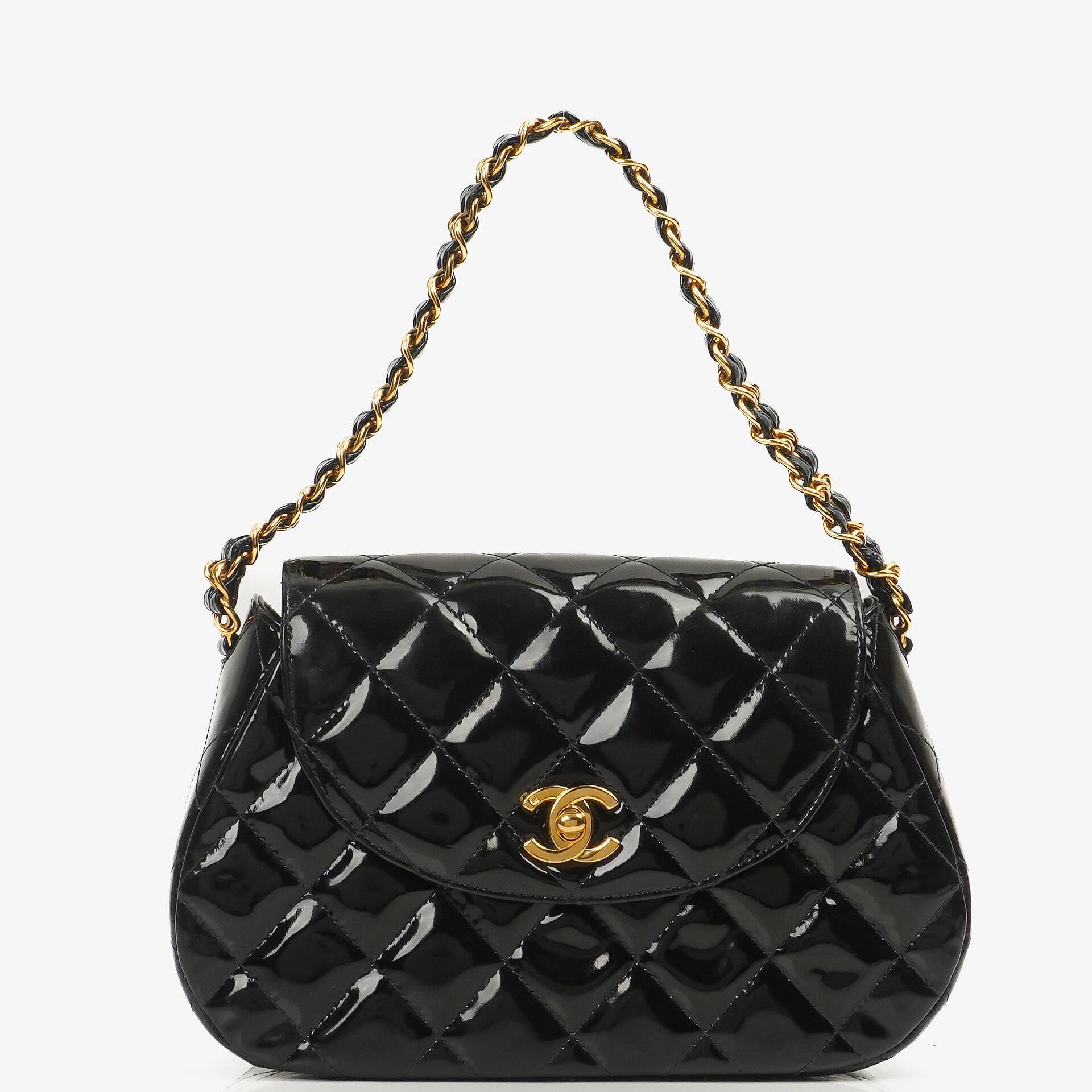 Chanel Chain Top Handle Single Flap Bag Black Quilted Patent Leather 24K Gold-Plated Hardware