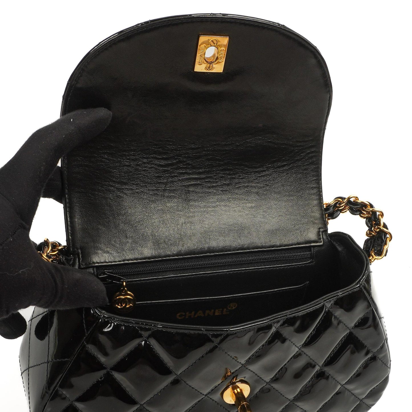 Chanel Chain Top Handle Single Flap Bag Black Quilted Patent Leather 24K Gold-Plated Hardware