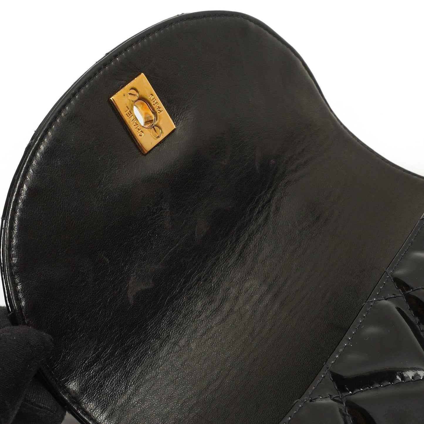 Chanel Chain Top Handle Single Flap Bag Black Quilted Patent Leather 24K Gold-Plated Hardware