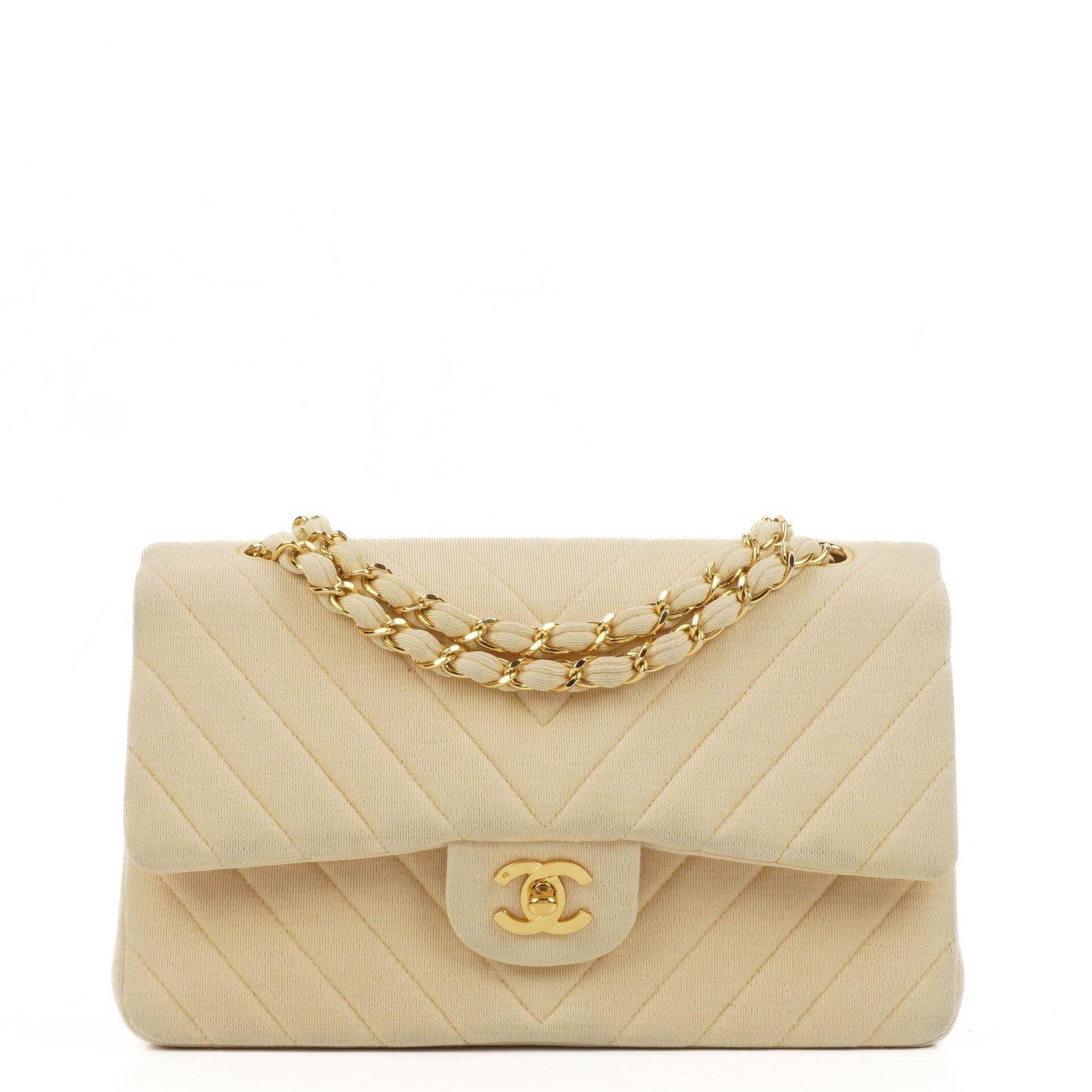 Chanel Chevron Medium Double Flap Bag In Beige Quilted Jersey And 24K Gold-Plated Hardware