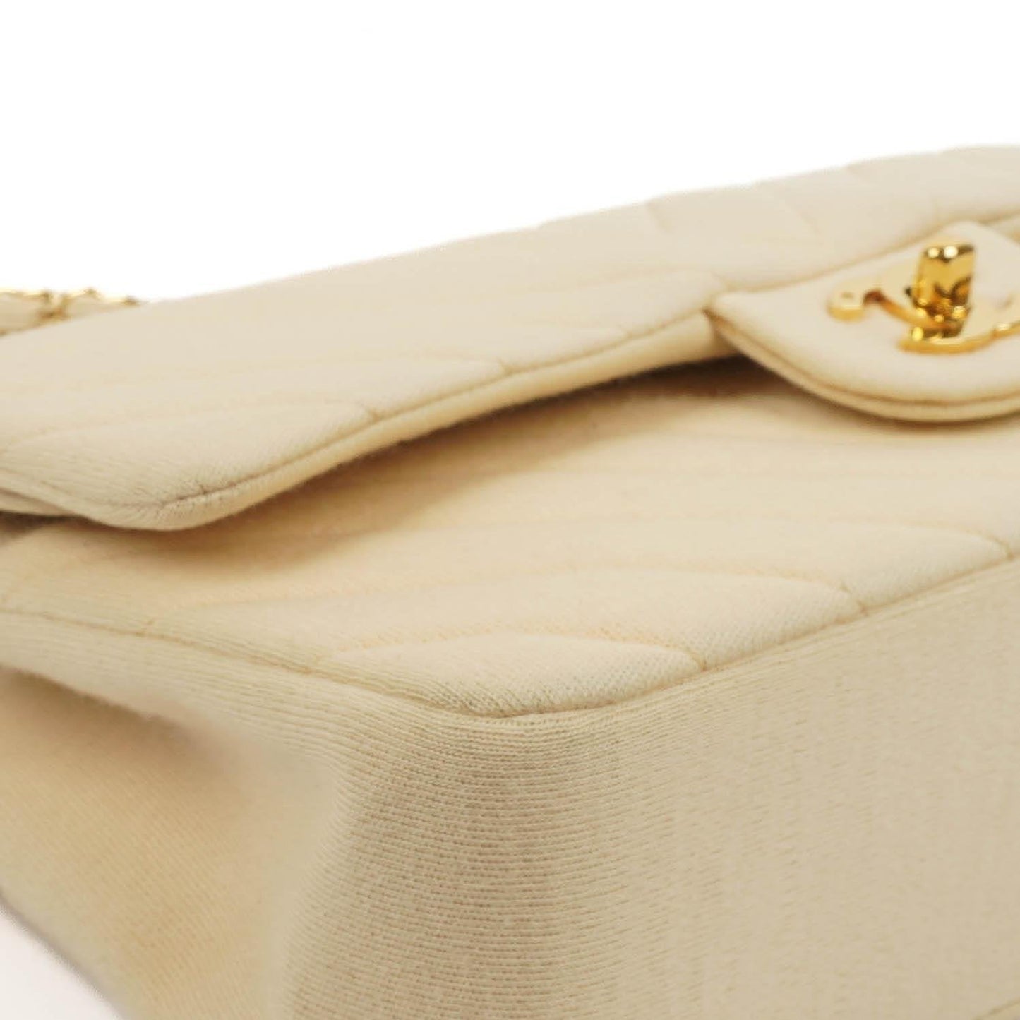 Chanel Chevron Medium Double Flap Bag In Beige Quilted Jersey And 24K Gold-Plated Hardware