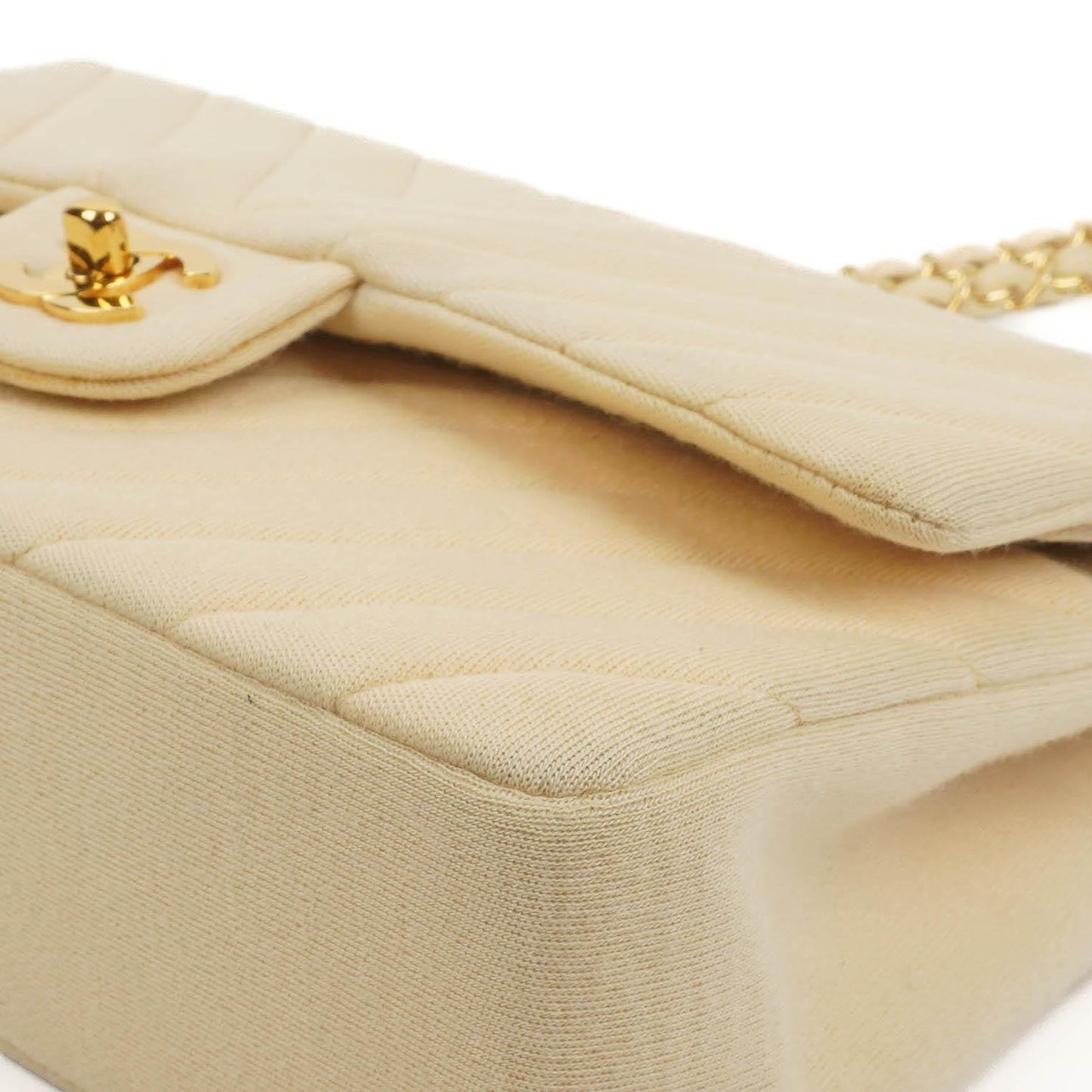 Chanel Chevron Medium Double Flap Bag In Beige Quilted Jersey And 24K Gold-Plated Hardware