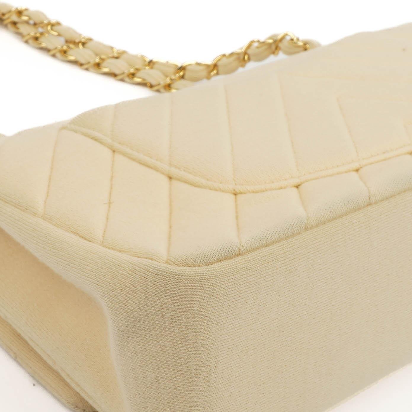 Chanel Chevron Medium Double Flap Bag In Beige Quilted Jersey And 24K Gold-Plated Hardware