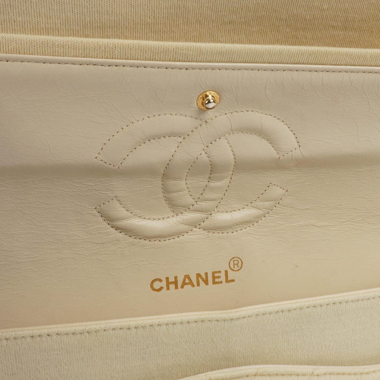 Chanel Chevron Medium Double Flap Bag In Beige Quilted Jersey And 24K Gold-Plated Hardware