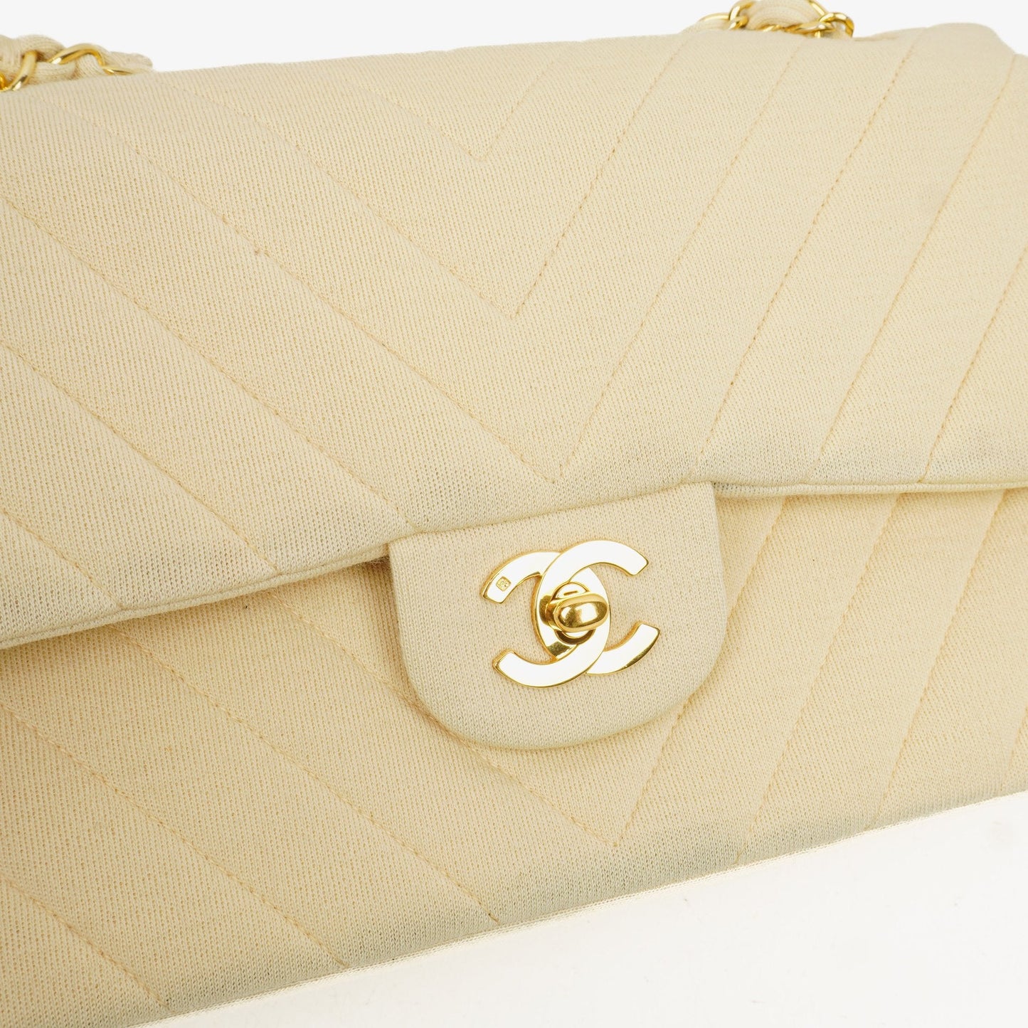 Chanel Chevron Medium Double Flap Bag In Beige Quilted Jersey And 24K Gold-Plated Hardware