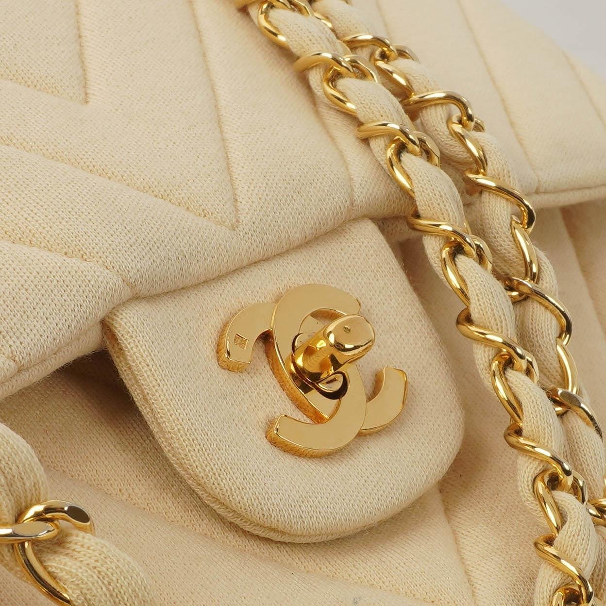 Chanel Chevron Medium Double Flap Bag In Beige Quilted Jersey And 24K Gold-Plated Hardware