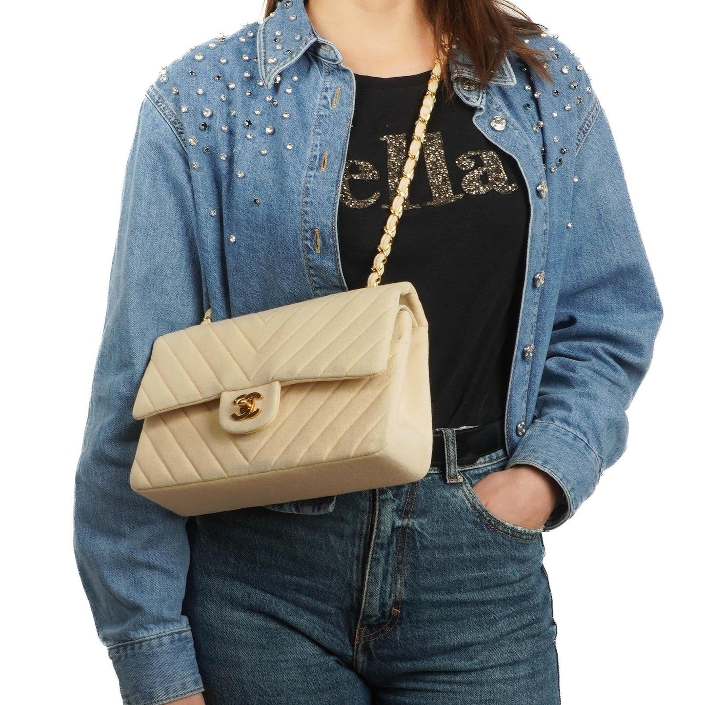Chanel Chevron Medium Double Flap Bag In Beige Quilted Jersey And 24K Gold-Plated Hardware
