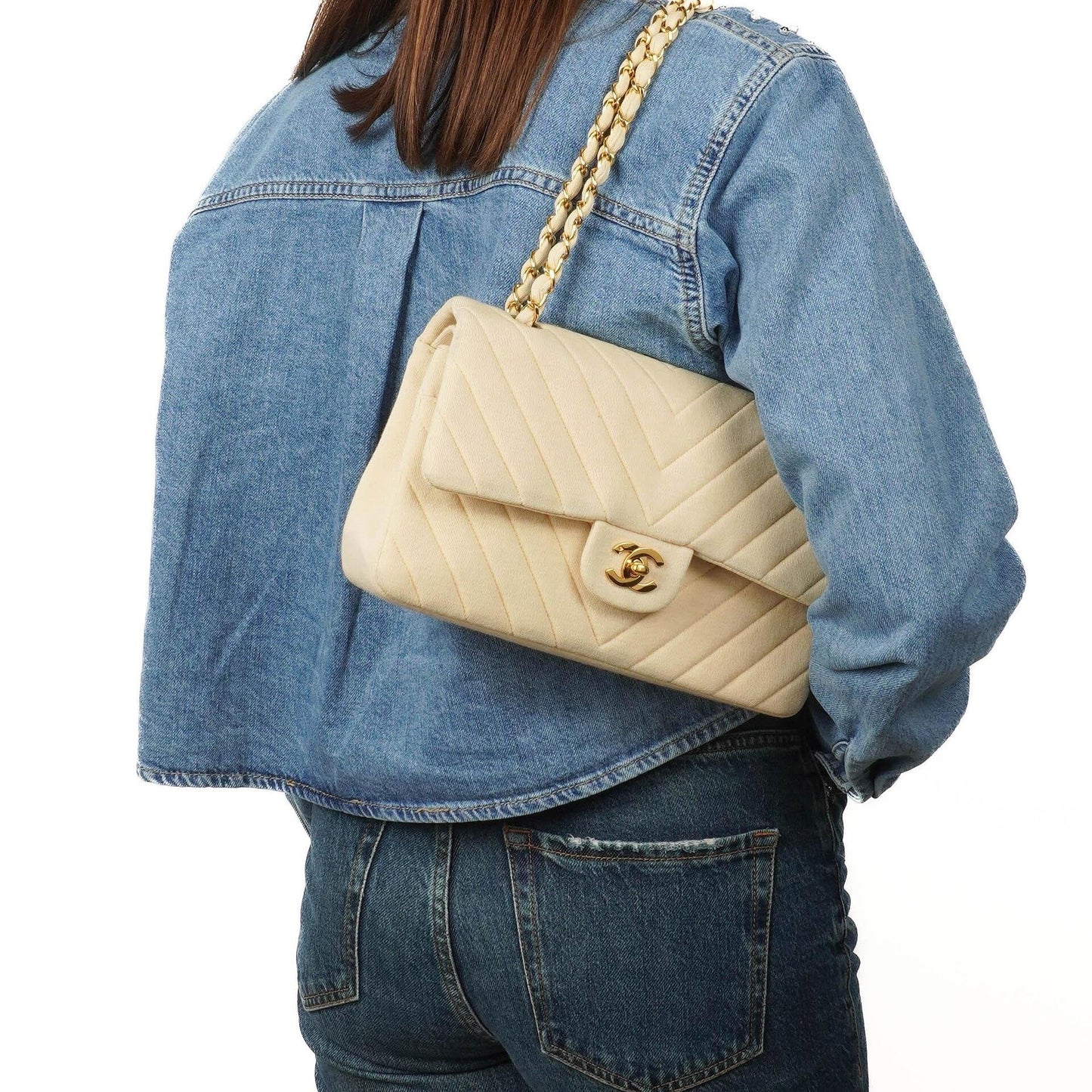 Chanel Chevron Medium Double Flap Bag In Beige Quilted Jersey And 24K Gold-Plated Hardware