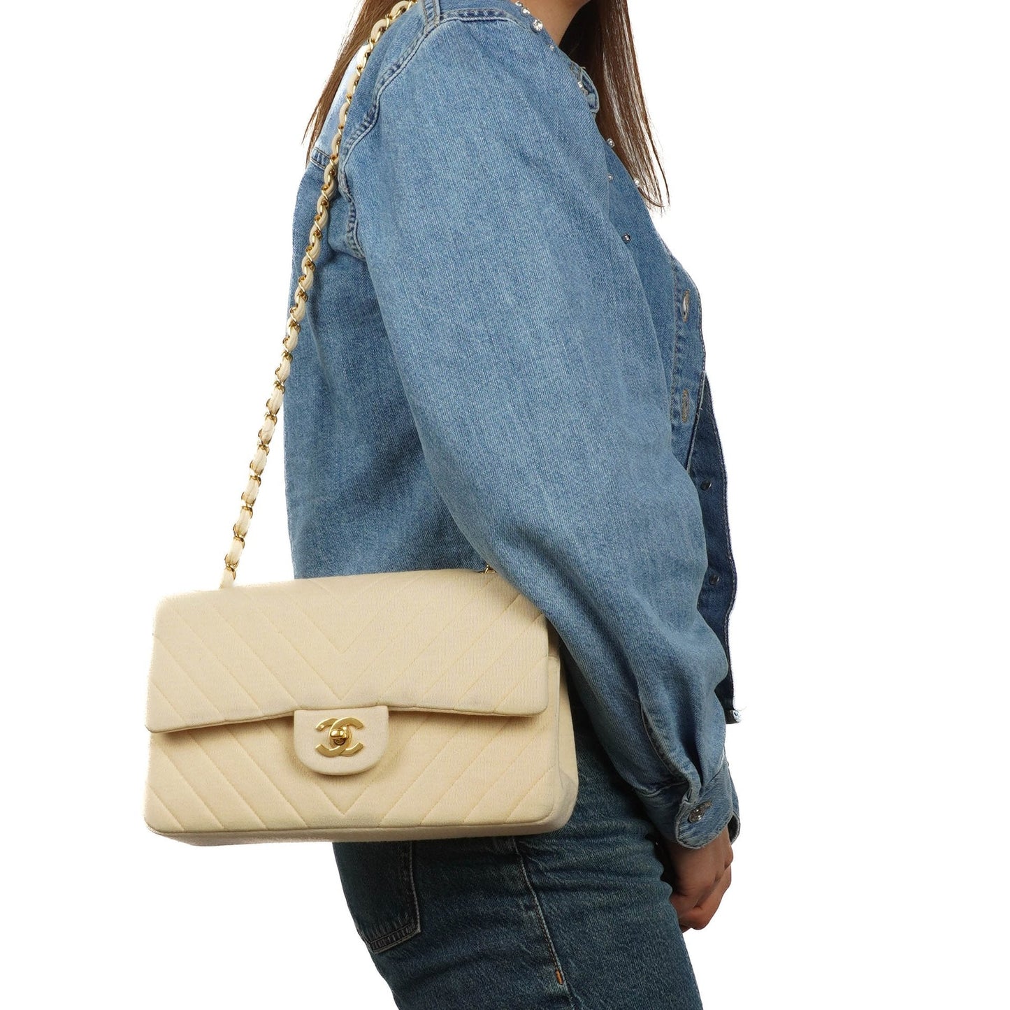 Chanel Chevron Medium Double Flap Bag In Beige Quilted Jersey And 24K Gold-Plated Hardware