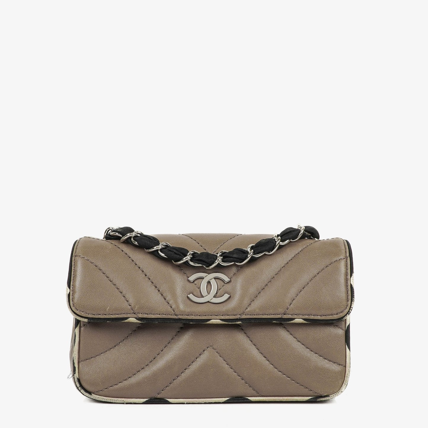 Chanel Chevron Mini Flap Quilted Lambskin And Printed Silk Trim With Silver Hardware