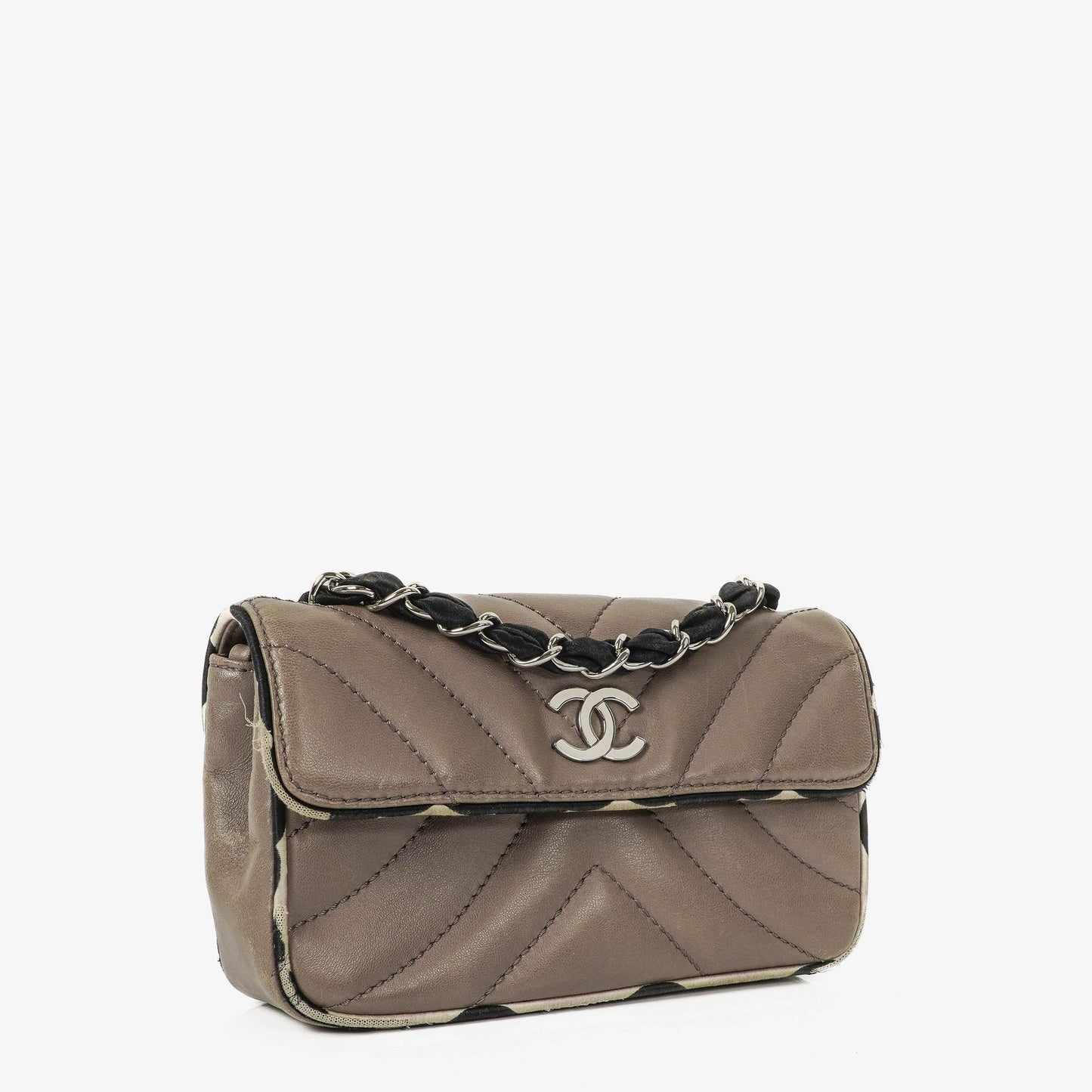 Chanel Chevron Mini Flap Quilted Lambskin And Printed Silk Trim With Silver Hardware