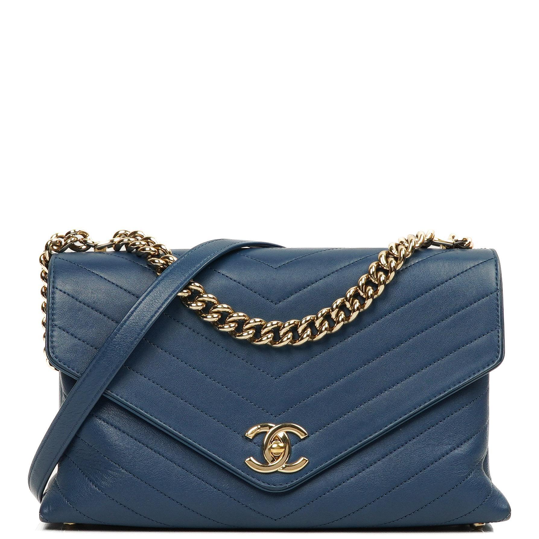 Chanel Chevron Stitched Large Envelope Compartment Flap Bag Blue Calfskin Gold-Tone Hardware, 2018-2019