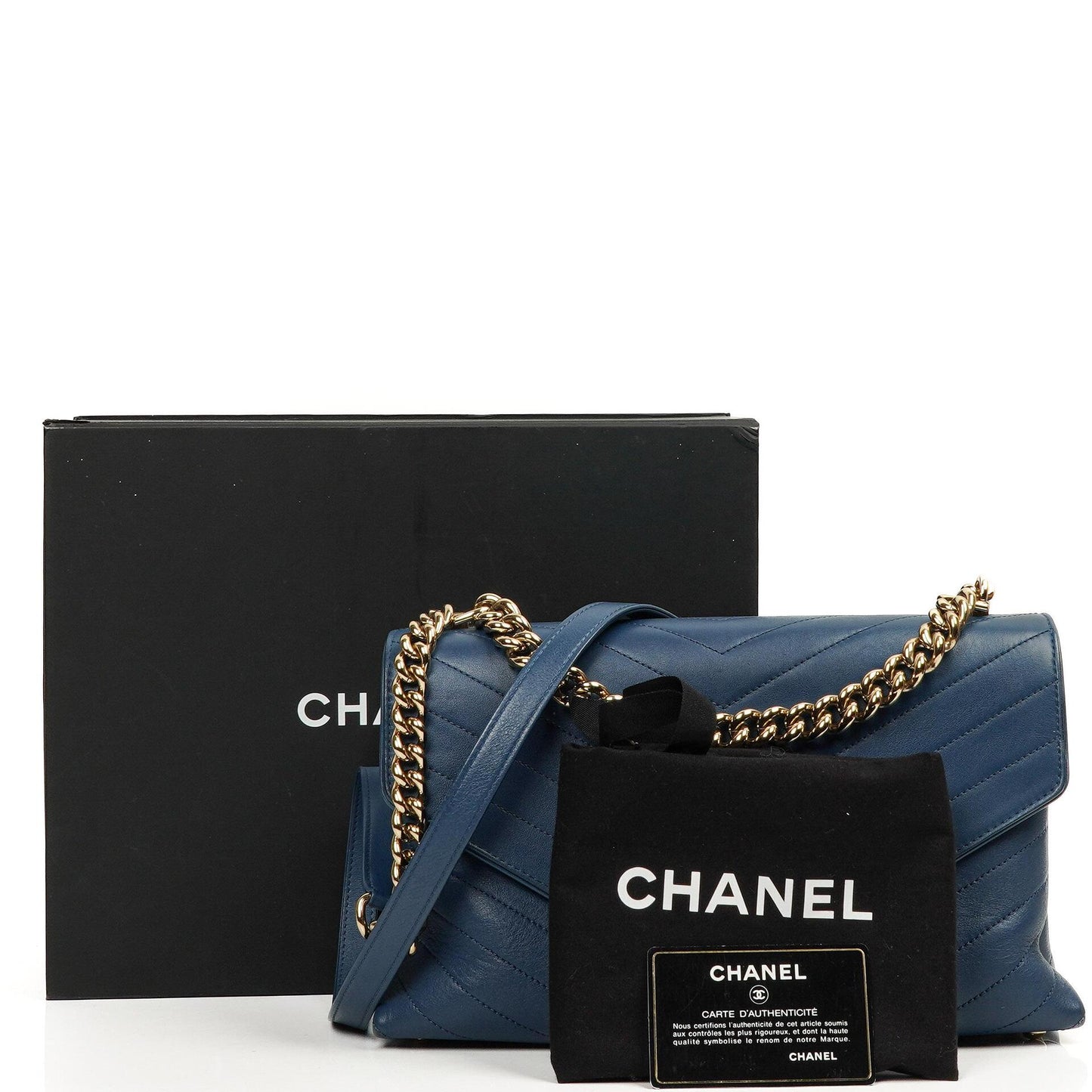 Chanel Chevron Stitched Large Envelope Compartment Flap Bag Blue Calfskin Gold-Tone Hardware, 2018-2019