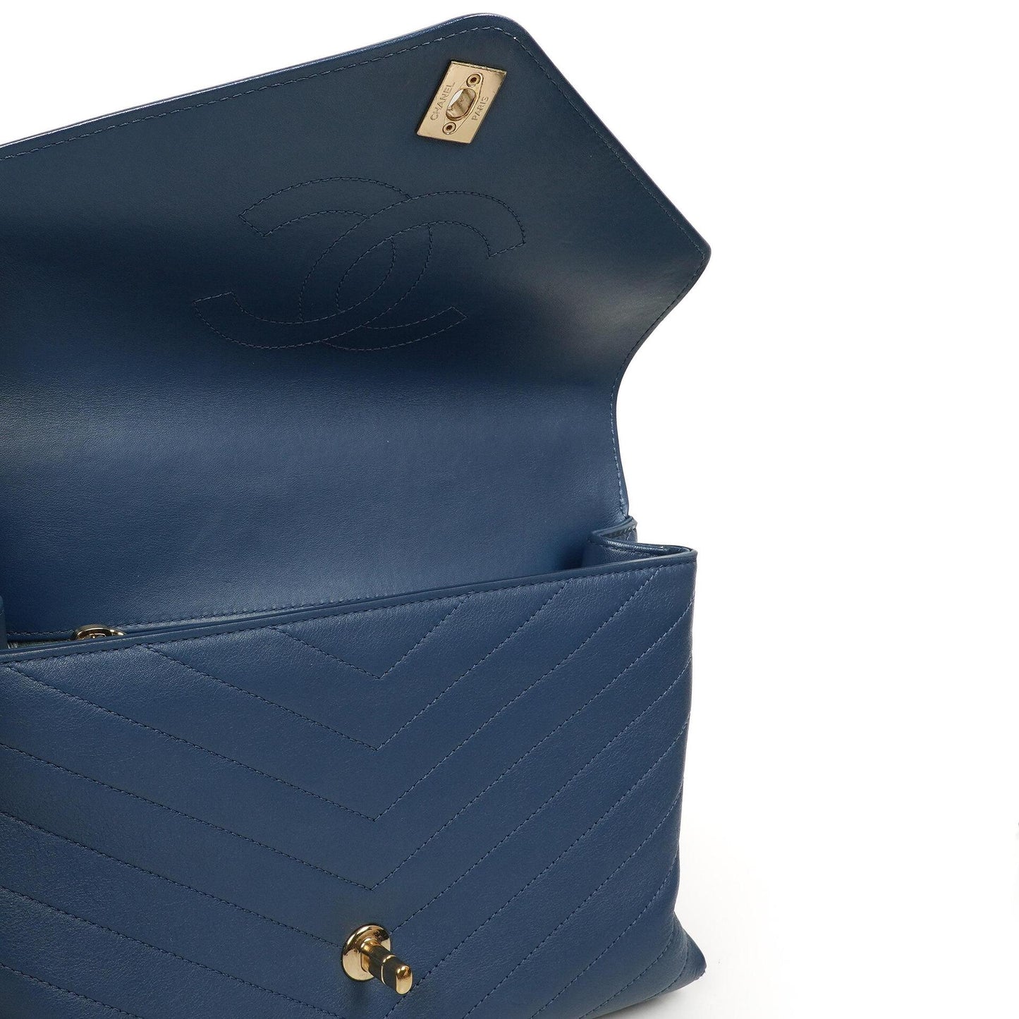 Chanel Chevron Stitched Large Envelope Compartment Flap Bag Blue Calfskin Gold-Tone Hardware, 2018-2019