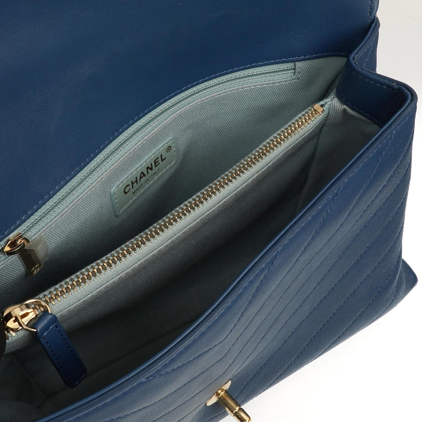 Chanel Chevron Stitched Large Envelope Compartment Flap Bag Blue Calfskin Gold-Tone Hardware, 2018-2019