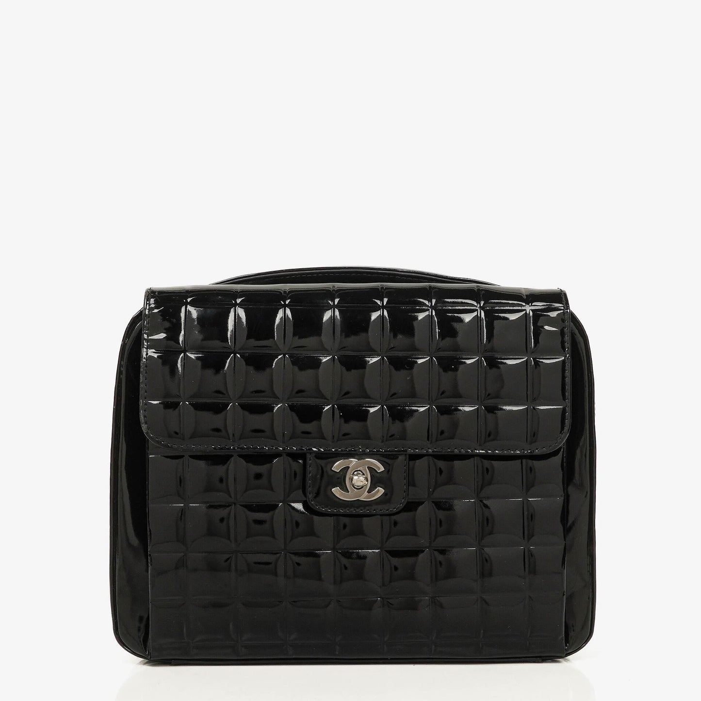Chanel Chocolate Bar Briefcase Black Patent Leather With Silver Tone Hardware