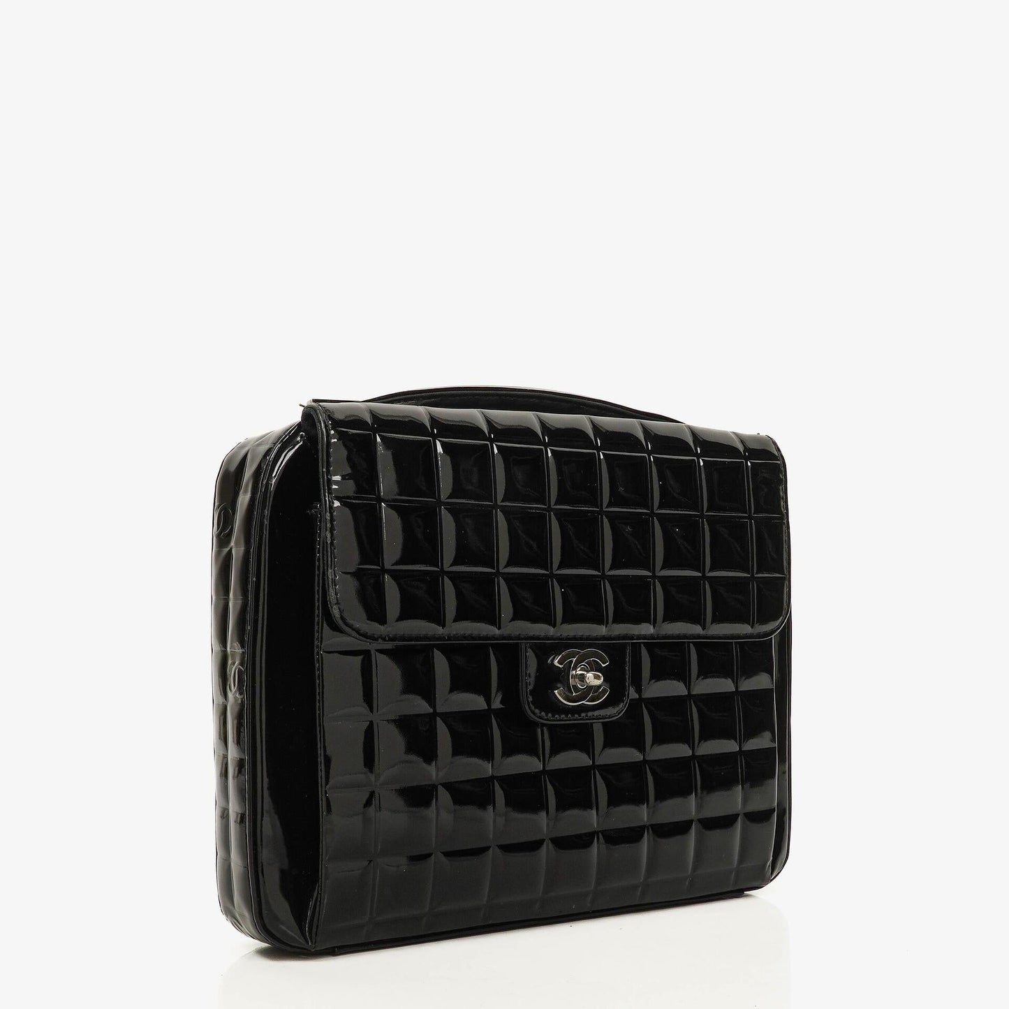 Chanel Chocolate Bar Briefcase Black Patent Leather With Silver Tone Hardware
