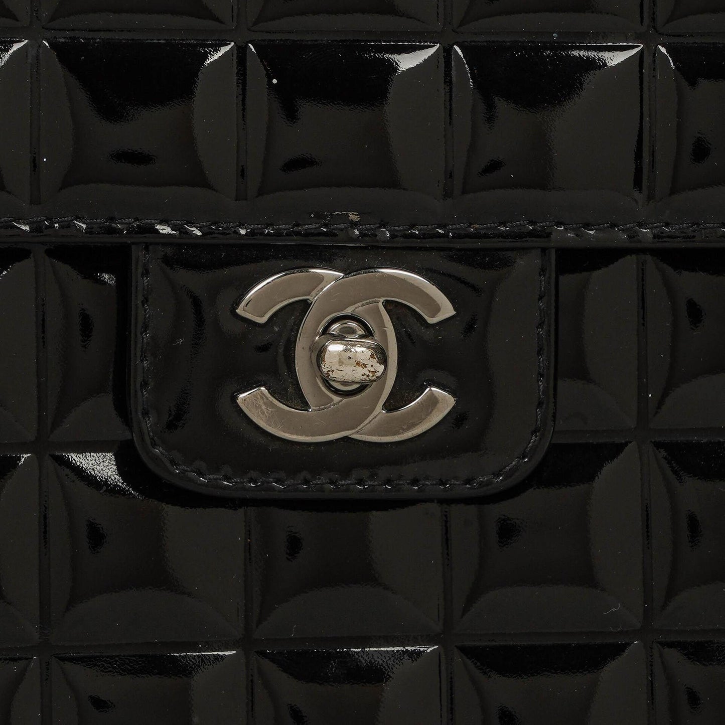 Chanel Chocolate Bar Briefcase Black Patent Leather With Silver Tone Hardware