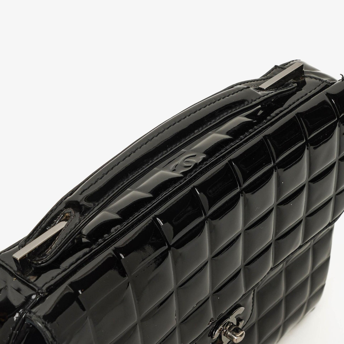 Chanel Chocolate Bar Briefcase Black Patent Leather With Silver Tone Hardware