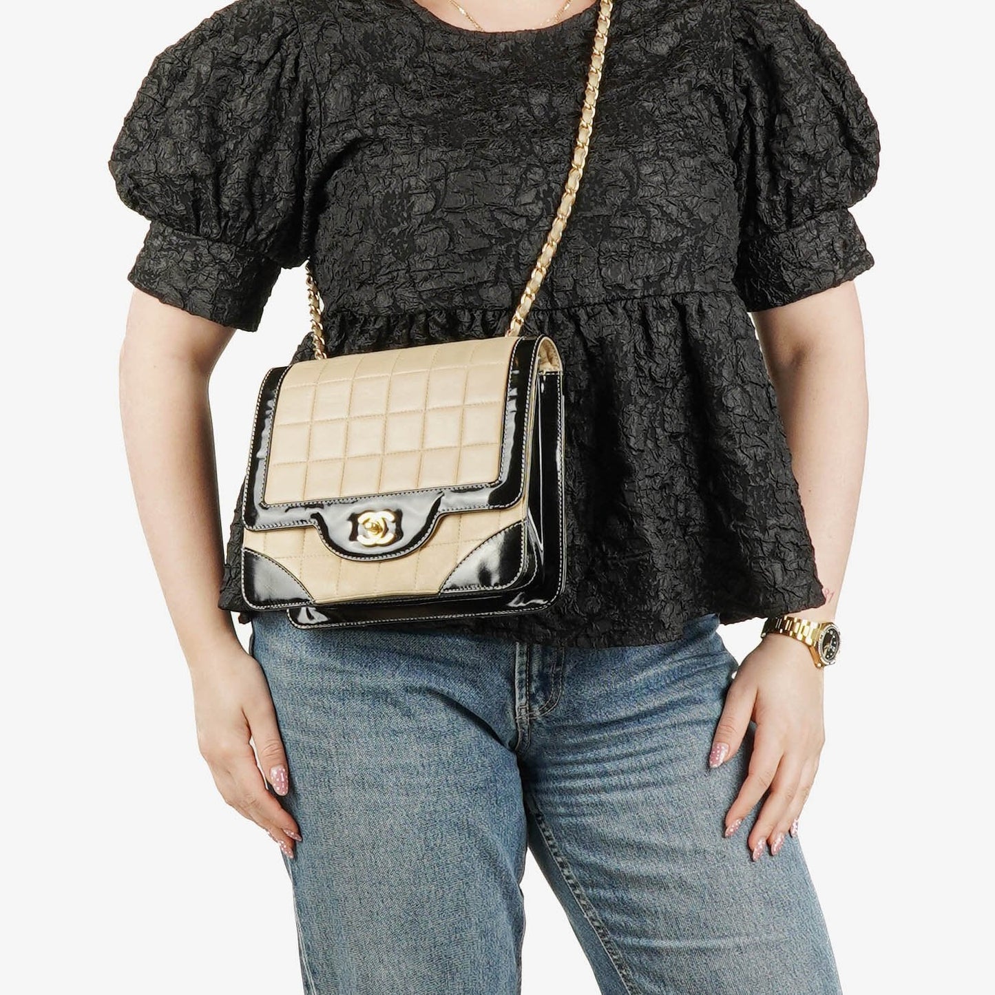 Chanel Chocolate Bar Lambskin And Patent Leather Single Flap Bag