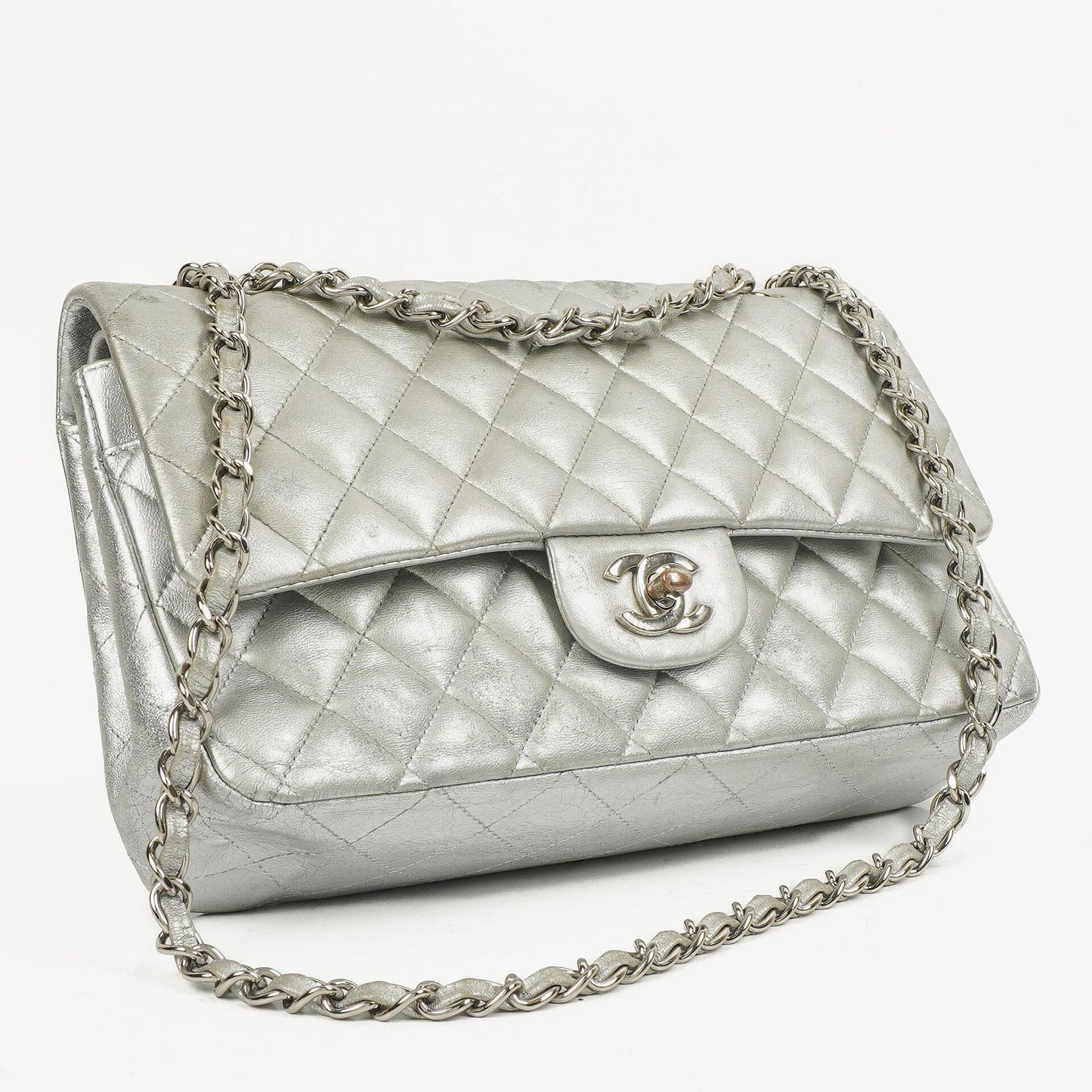 Chanel Classic Double Flap Bag Metallic Silver Quilted Lambskin With Silver-Tone Hardware